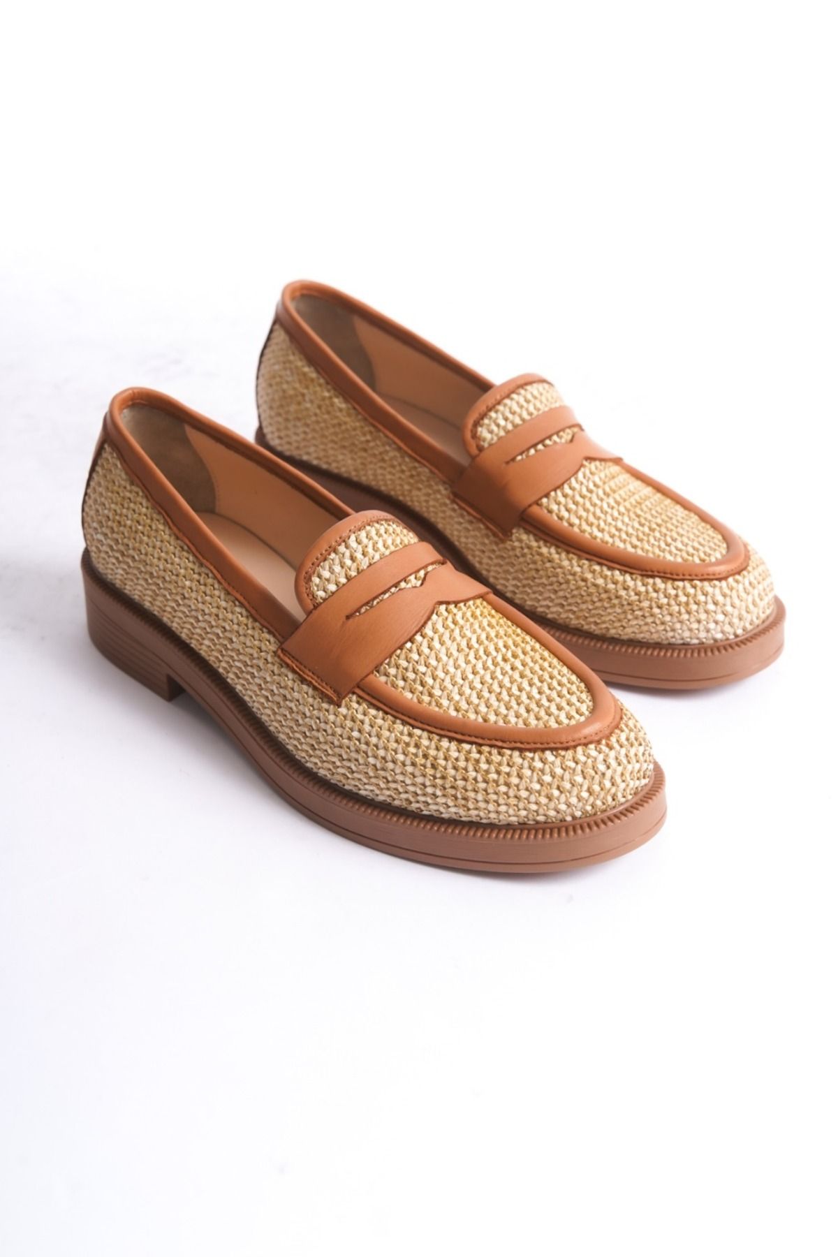 GNS Shoes-Beige Straw Genuine Leather Women's Loafer Shoes 2