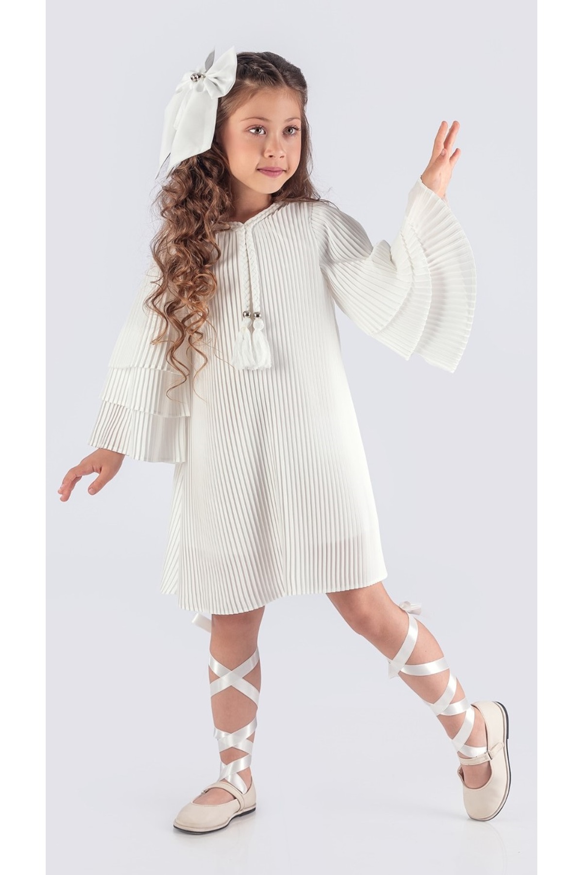 Mnk Baby&Kids Kız Çocuk Krep Plise Elbise MNK0595 BEYAZ fotoğrafı 3 (önizleme)