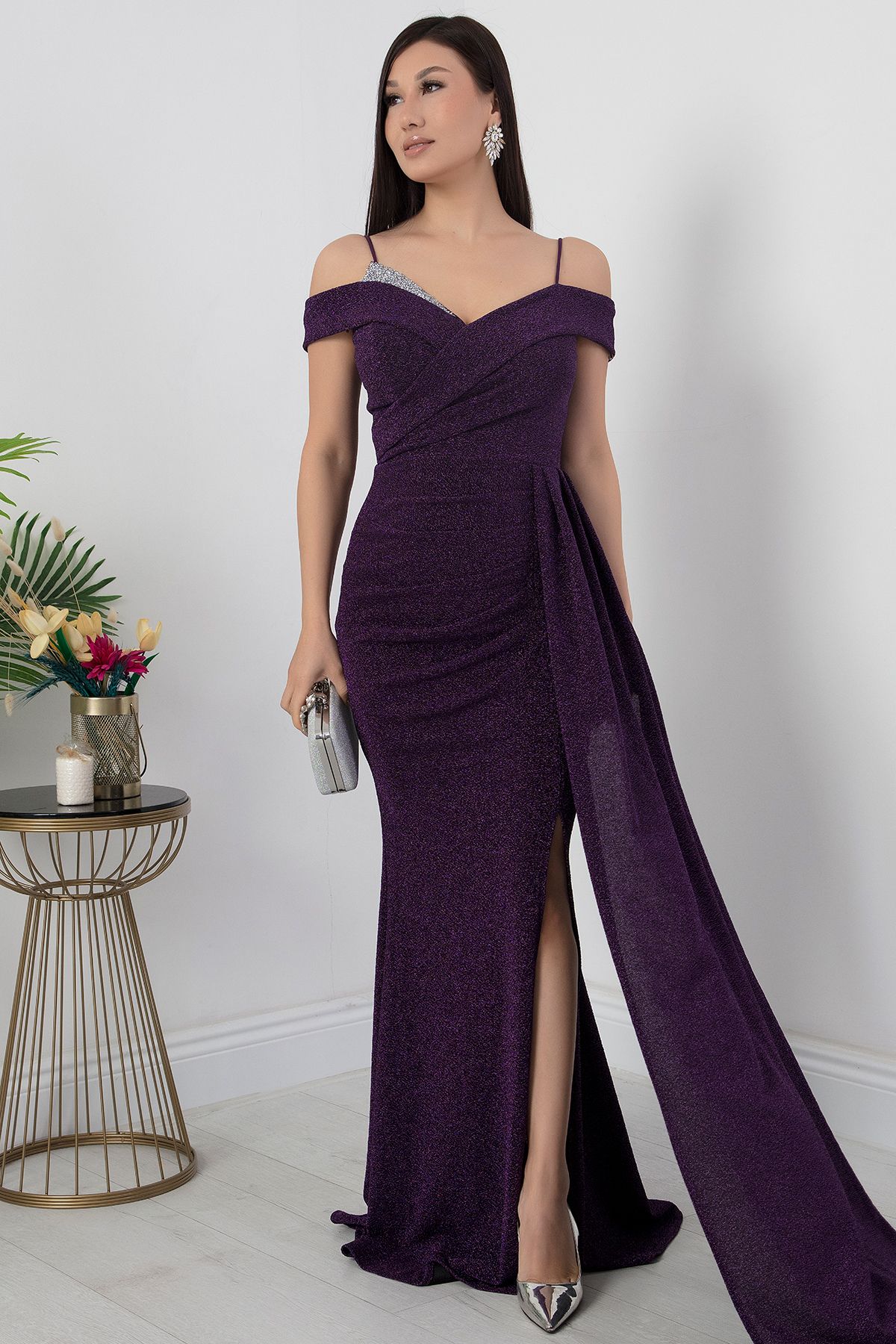 PULLIMM-Stone Detailed Slit Chest Evening Dress - 39950 4