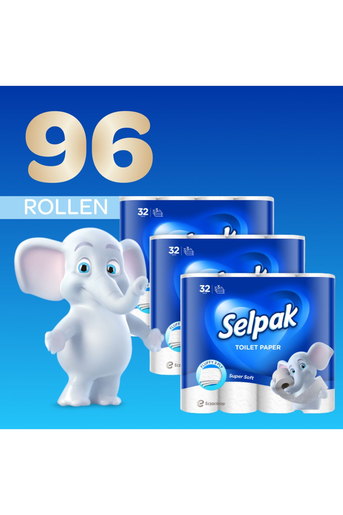 Selpak-Toilettenpapier 3-lagig, 4480 Blatt Klopapier 100% Reine Zellulose, Extra Weich, 96 (3X32 ROLLEN) 3
