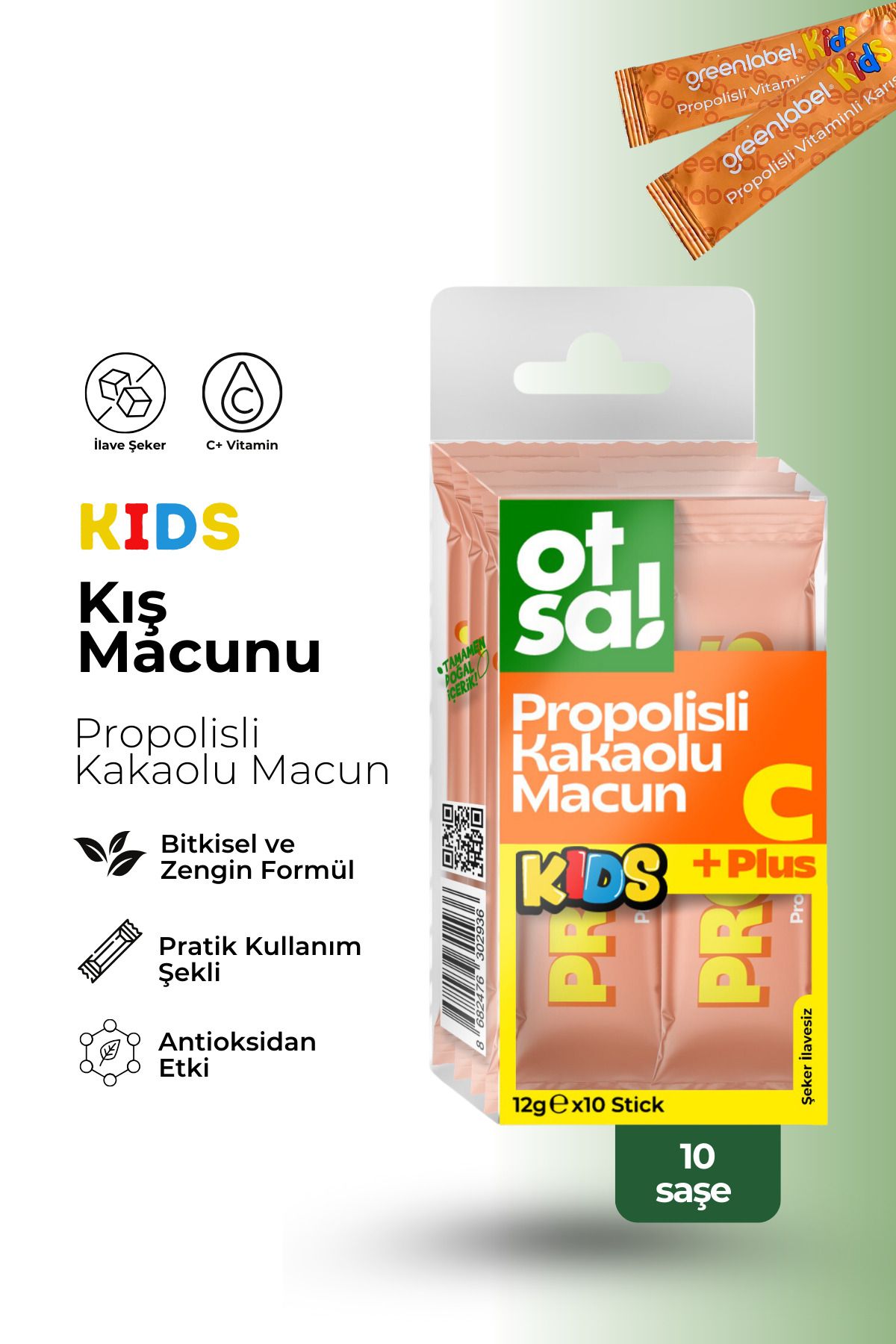 Green Label Otsa Kids Kış Macunu Stick 12g X 10 Adet - Ballı, Propolisli, Kakao Aromalı