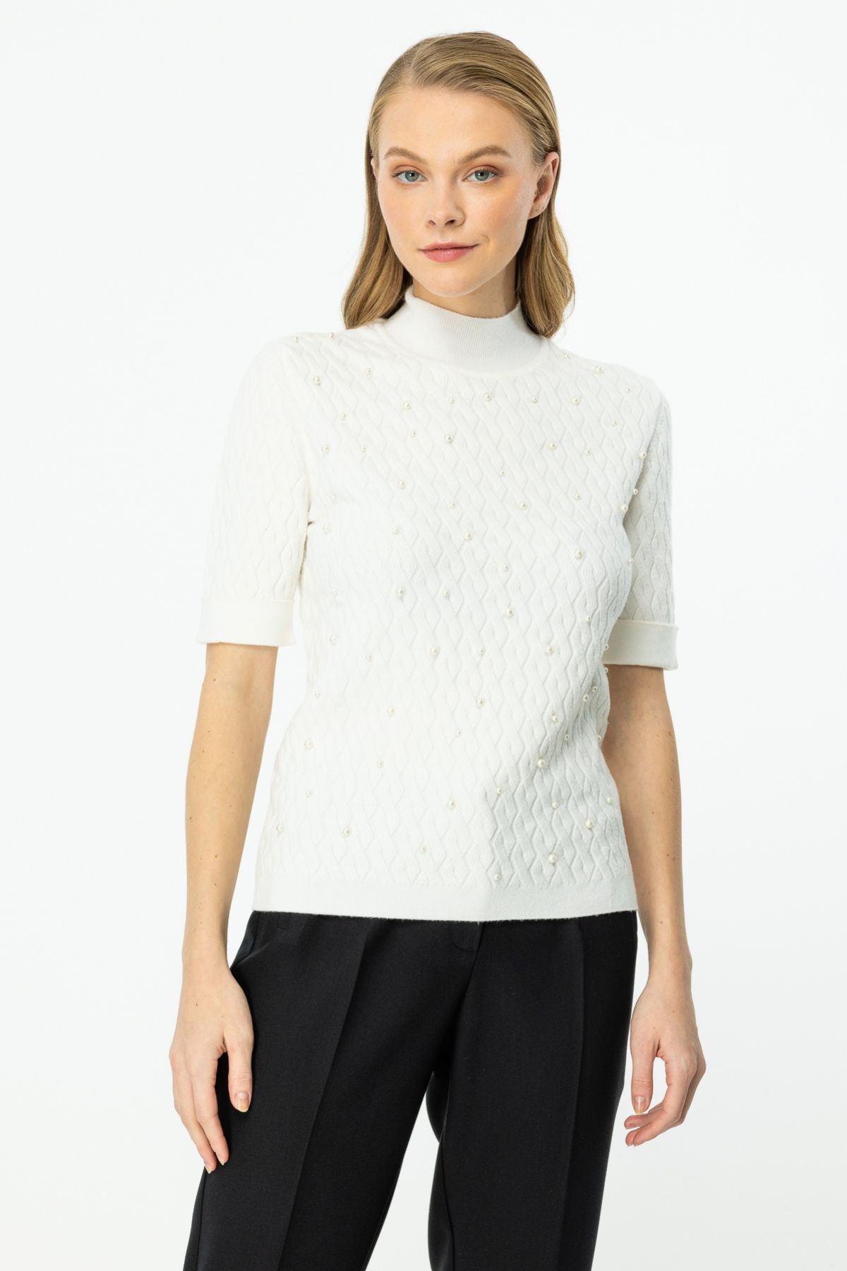 ON-Stand Collar Bead Detailed Sweater 1