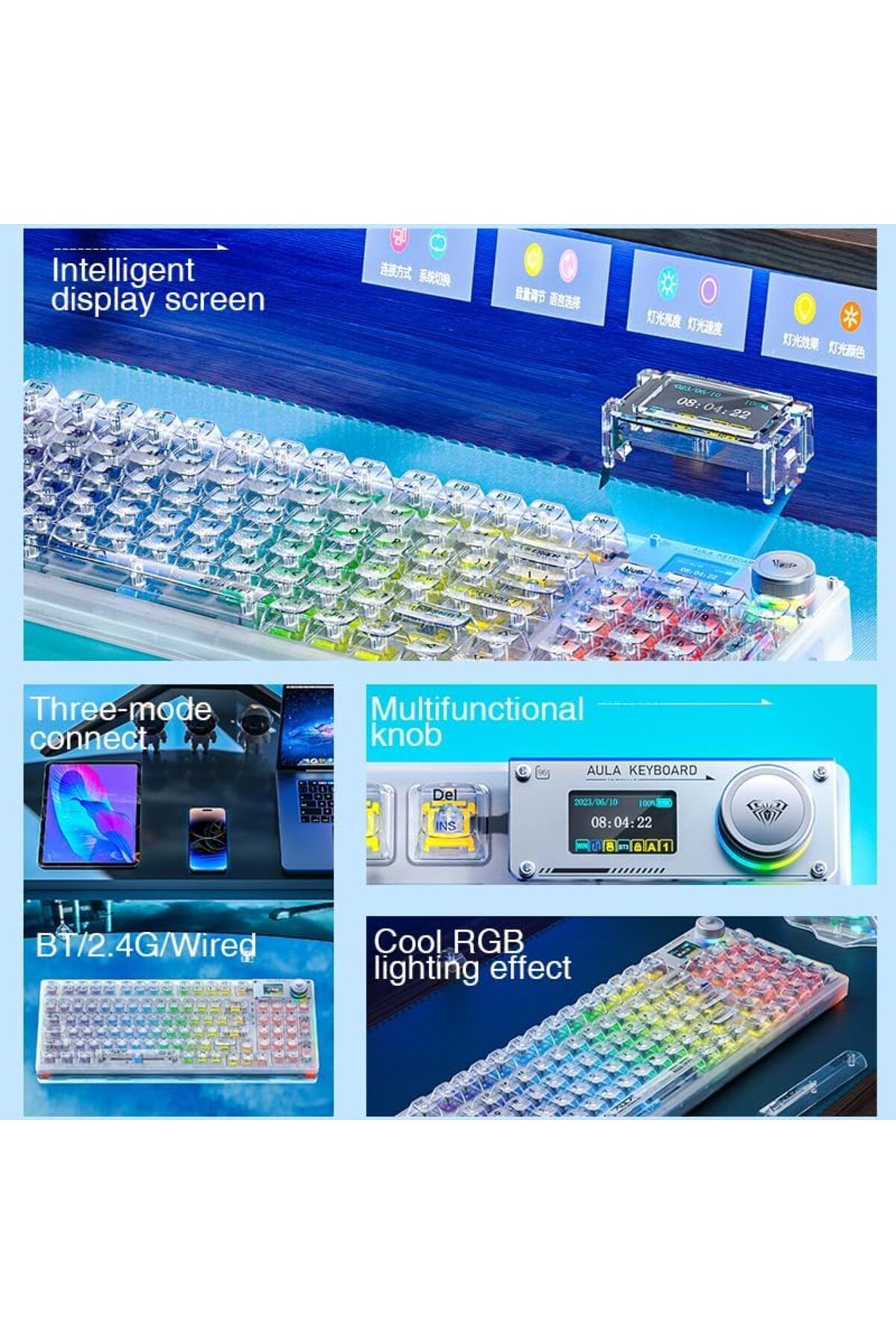 Aula-F98 PRO 95% Tri-Mode RGB Wireless Mechanical Gaming Keyboard, Crystal Switches with OLED Screen 6