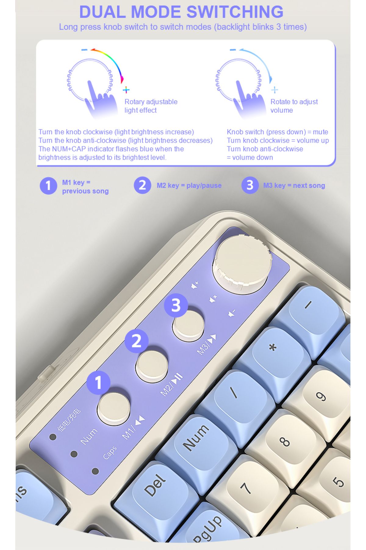 Aula-S99 Keys Tri-Mode with Media Knob Programmable Membrane Computer RGB Wireless Creamy Gaming Keyboard 2