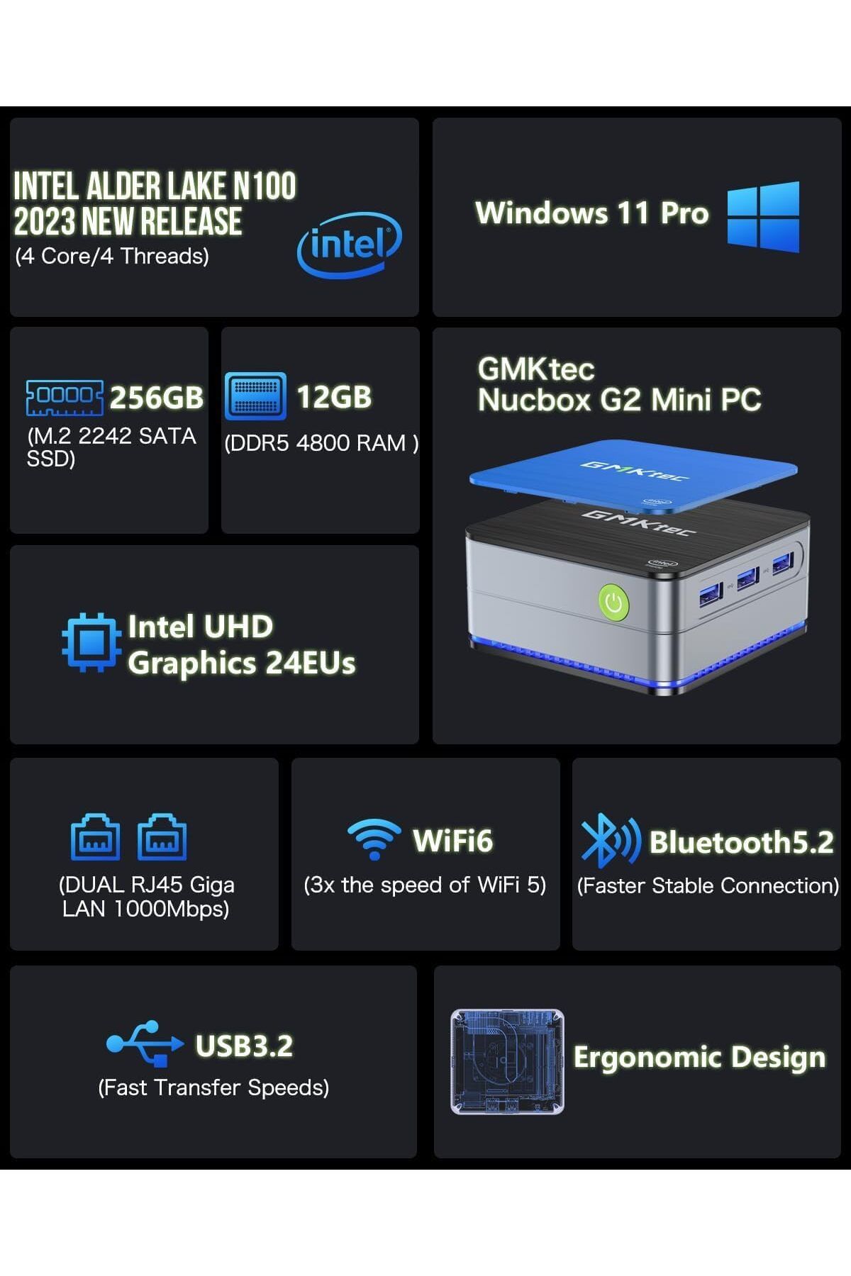 GMKtec-NucBox G2 Desktop Ultracompact Mini PC Windows 11 Pro Intel 12th Alder Lake N100 12GB DDR5 512GB SSD 3