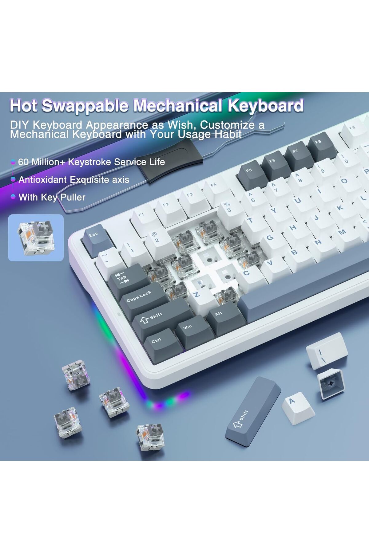 Aula-F87 80% Tri-Mode RGB Wireless Mechanical Gaming Keyboard, Greenwood V3 Switches TKL Hot Swappable 5