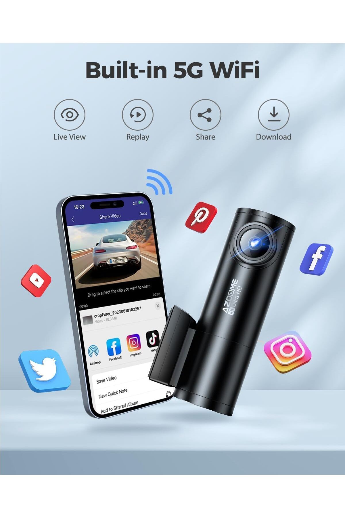 AZDOME-4K Front+ Rear Dash Cam M300S with WiFi, Dash Cam Front and Rear GPS 64GB SD Card included 3