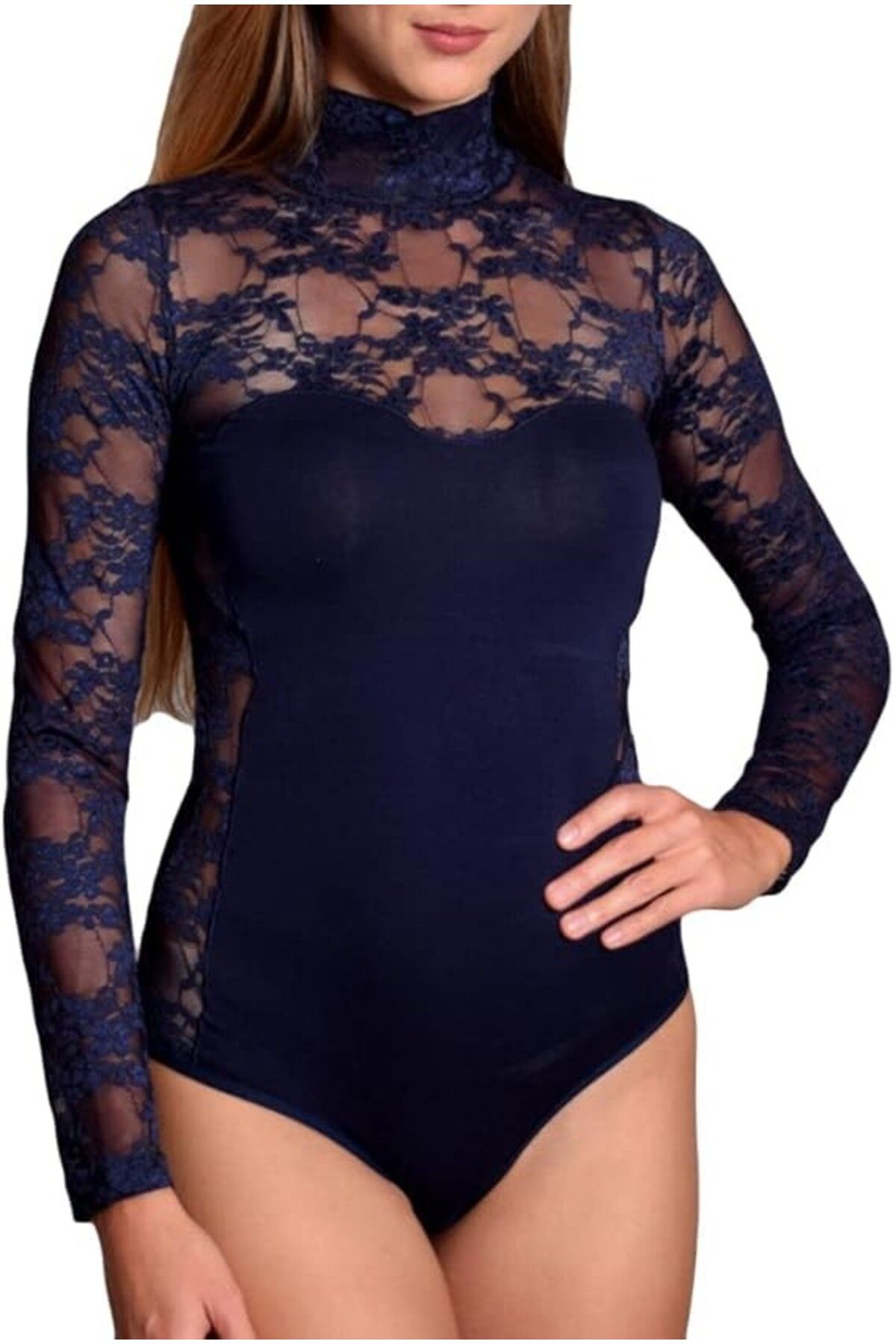 Doreanse-12444 Women's Modal Lace Detailed Long Neck Long Sleeve Bodysuit 1