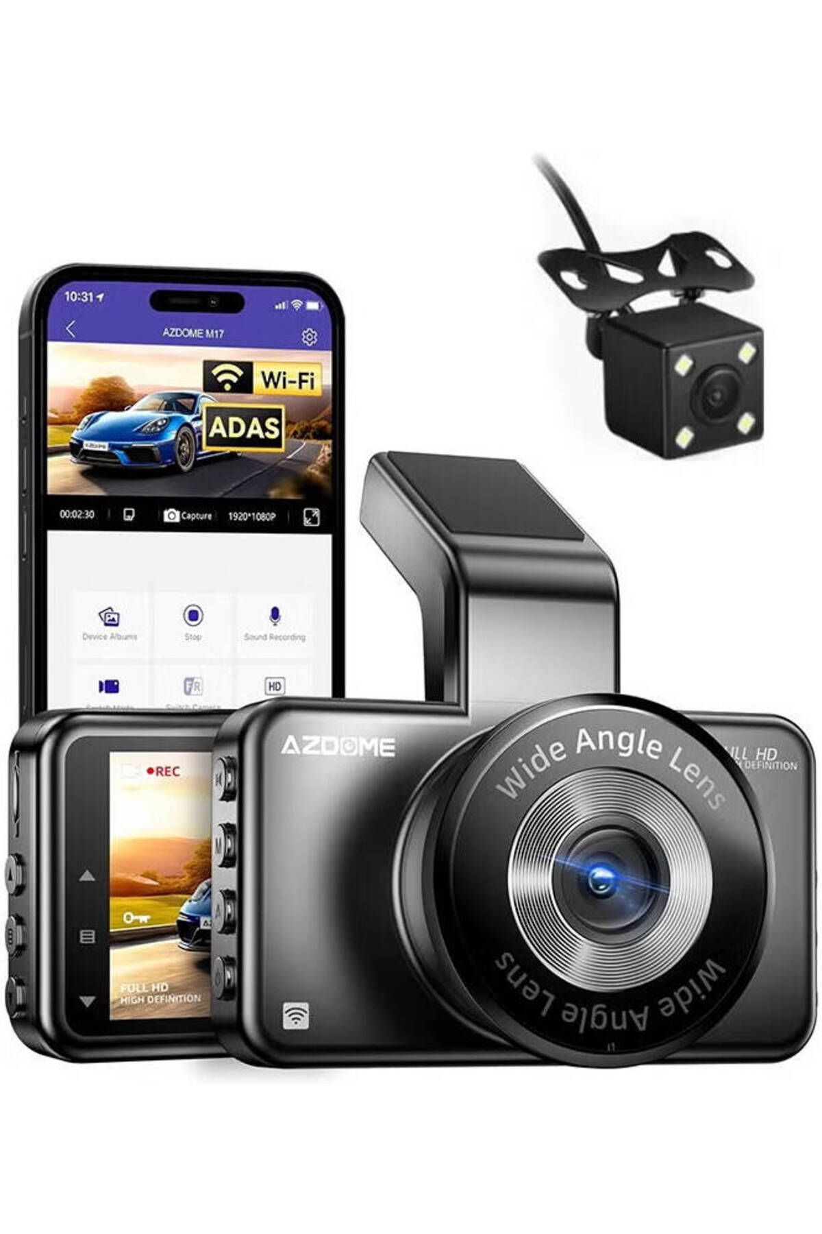 AZDOME-M17 Pro WiFi Front + Rear Dash Cam, FHD 1080P Car Driving Recorder ADAS, G-Sensor Loop Recording 1