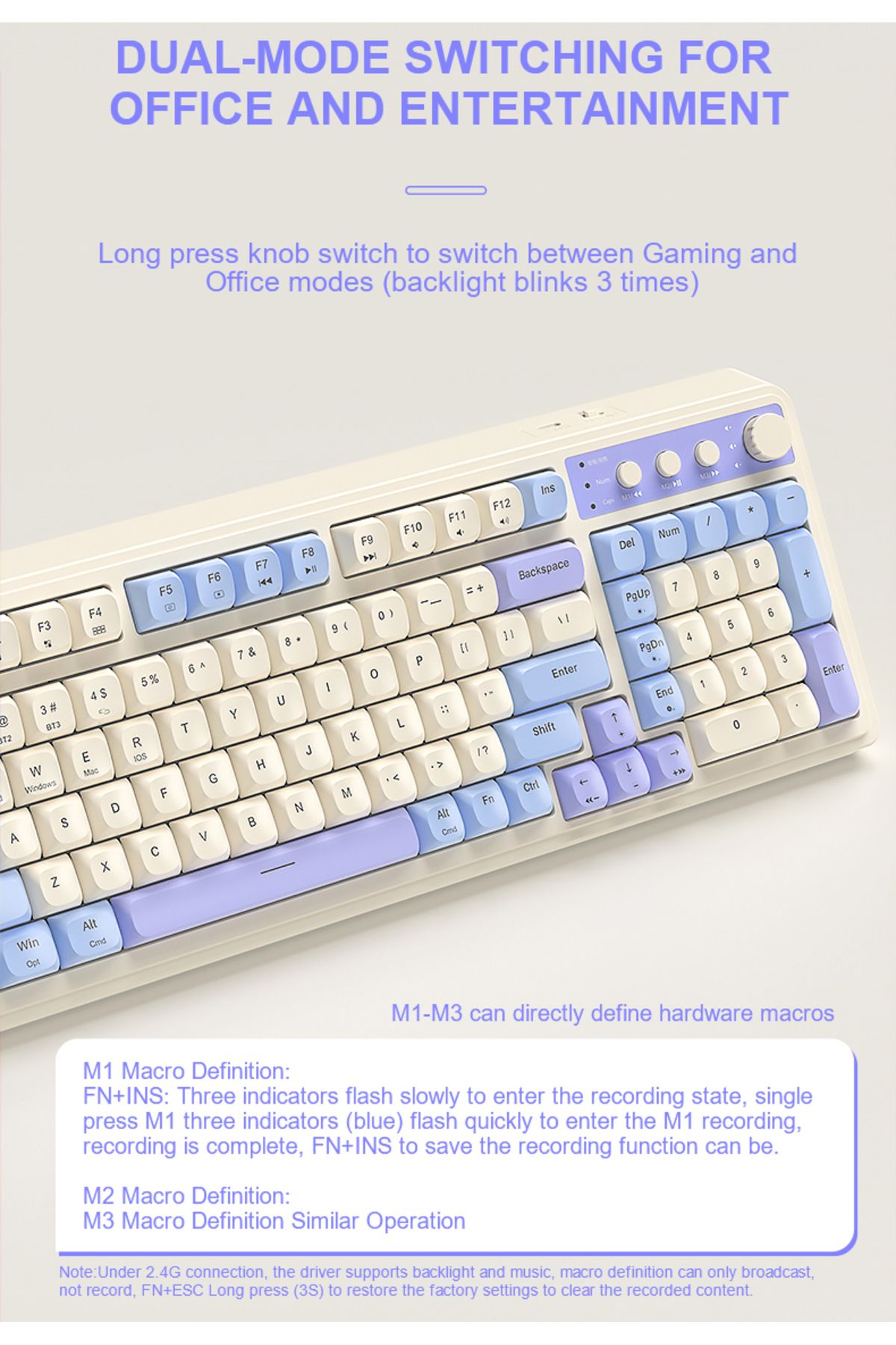 Aula-S99 Keys Tri-Mode with Media Knob Programmable Membrane Computer RGB Wireless Creamy Gaming Keyboard 3