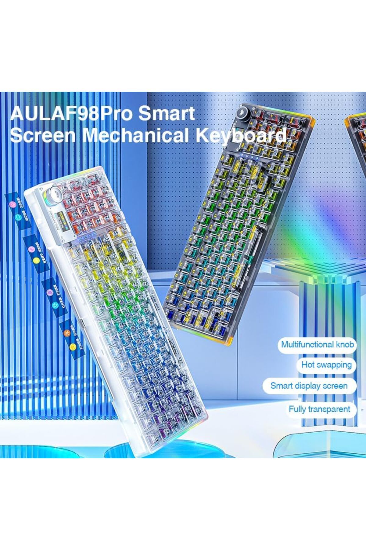 Aula-F98 PRO 95% Tri-Mode RGB Wireless Mechanical Gaming Keyboard, Crystal Switches with OLED Screen 3