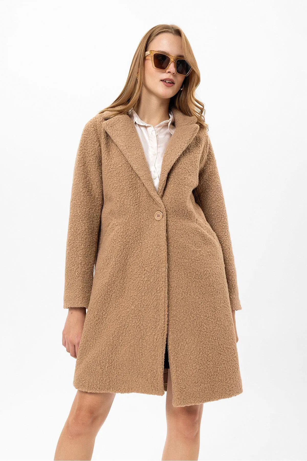 citycenterfashion-Women's Single Button Closure Boucle Coat Cty-Şim- 245301 3