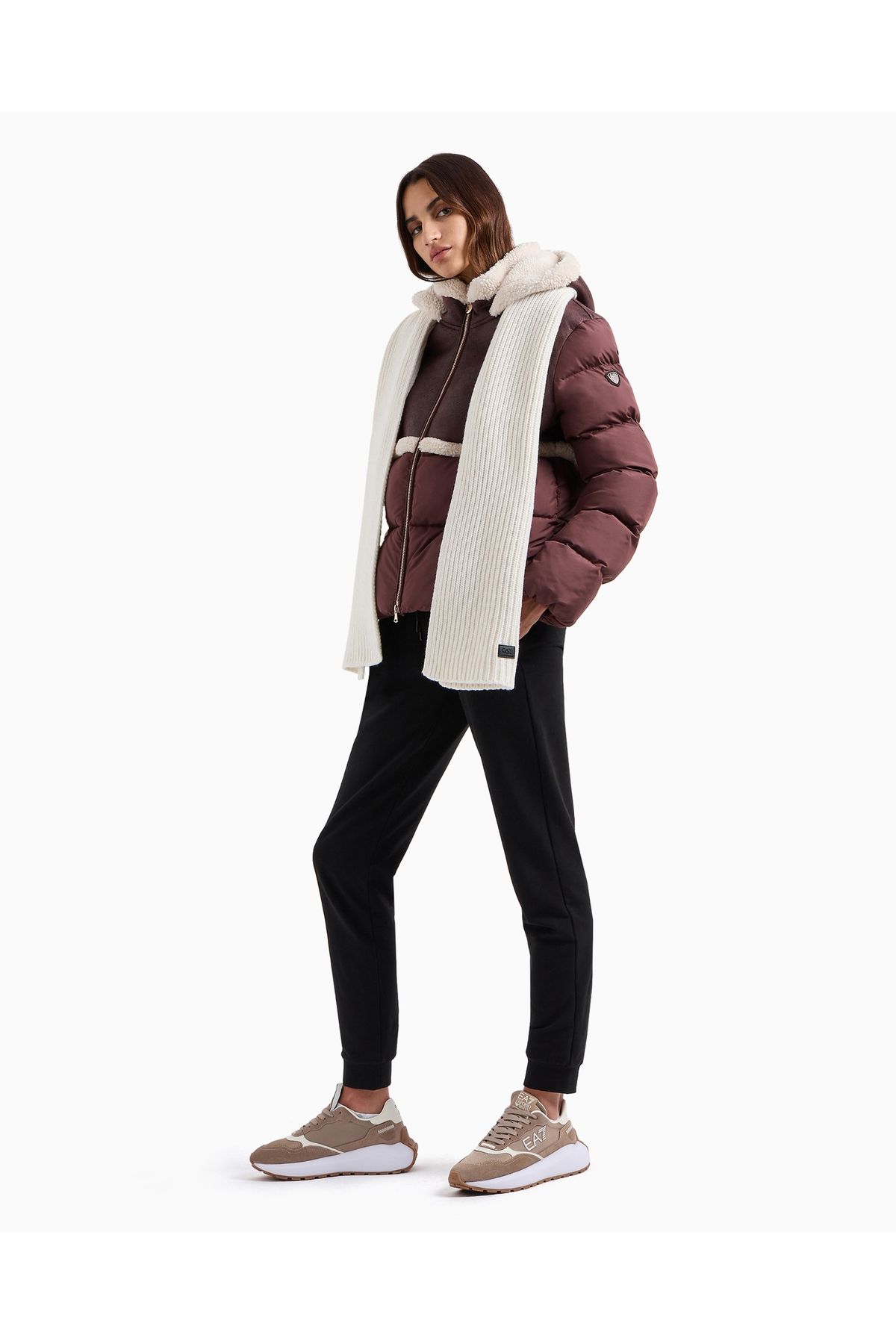 EA7-Women's Sheepskin Effect Fabric Wind Resistant Hooded Brown Coat 6Dtb13 Tnawz-1755 3