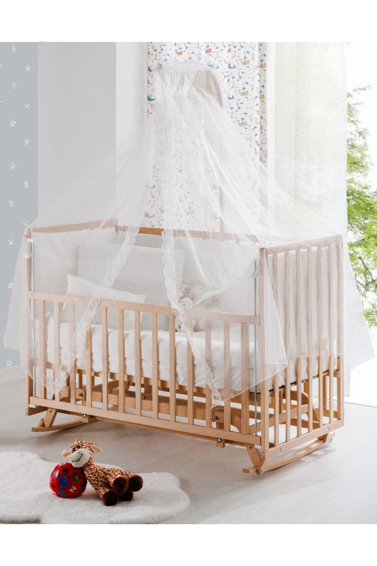 babywho BW 6080 - Tekerlekli Sallanır Sabitlenir Kademeli Anne Yanı Ahşap Bebek Beşik