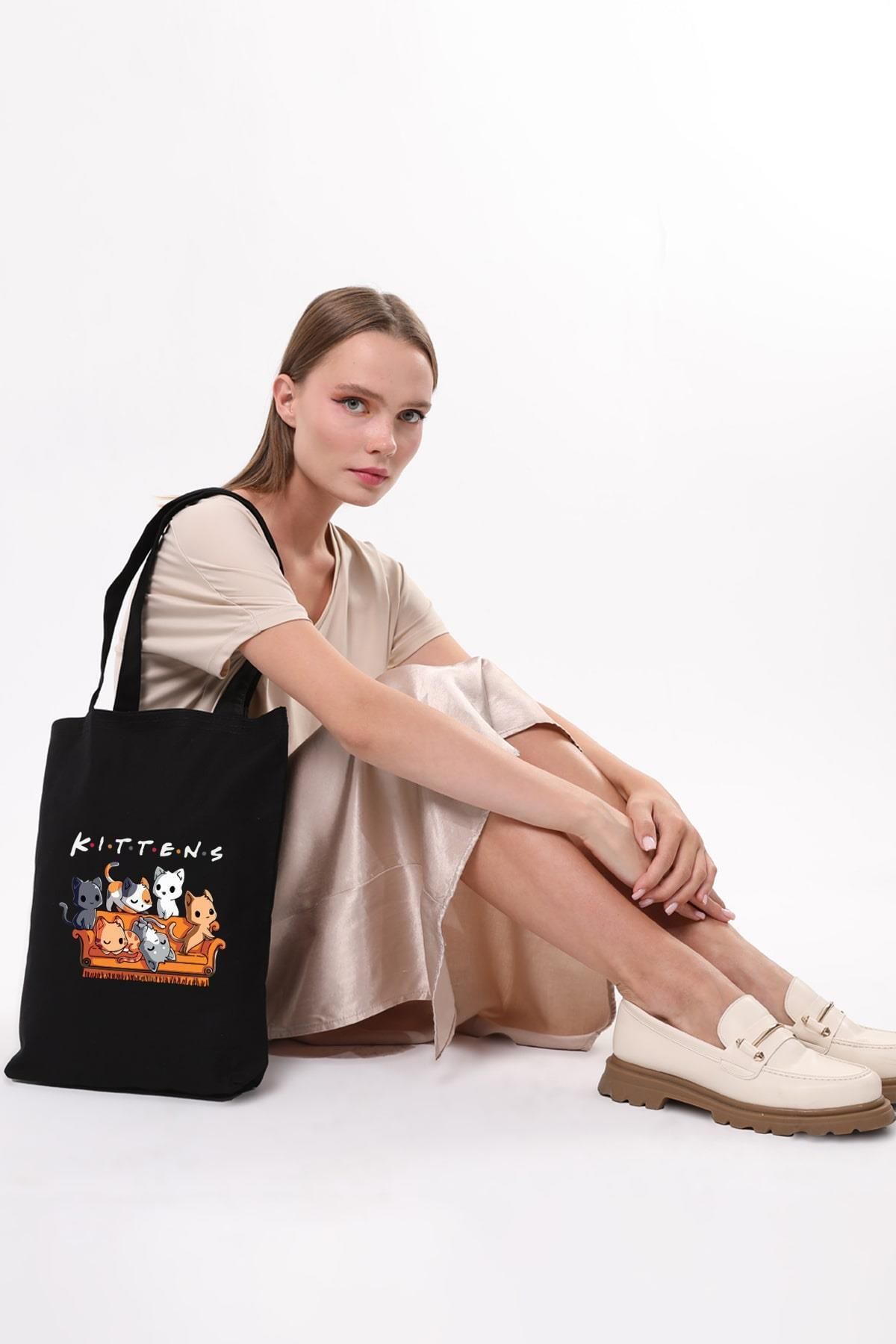 Çınar Bez Çanta-Kittens Printed Black Canvas Bag 6