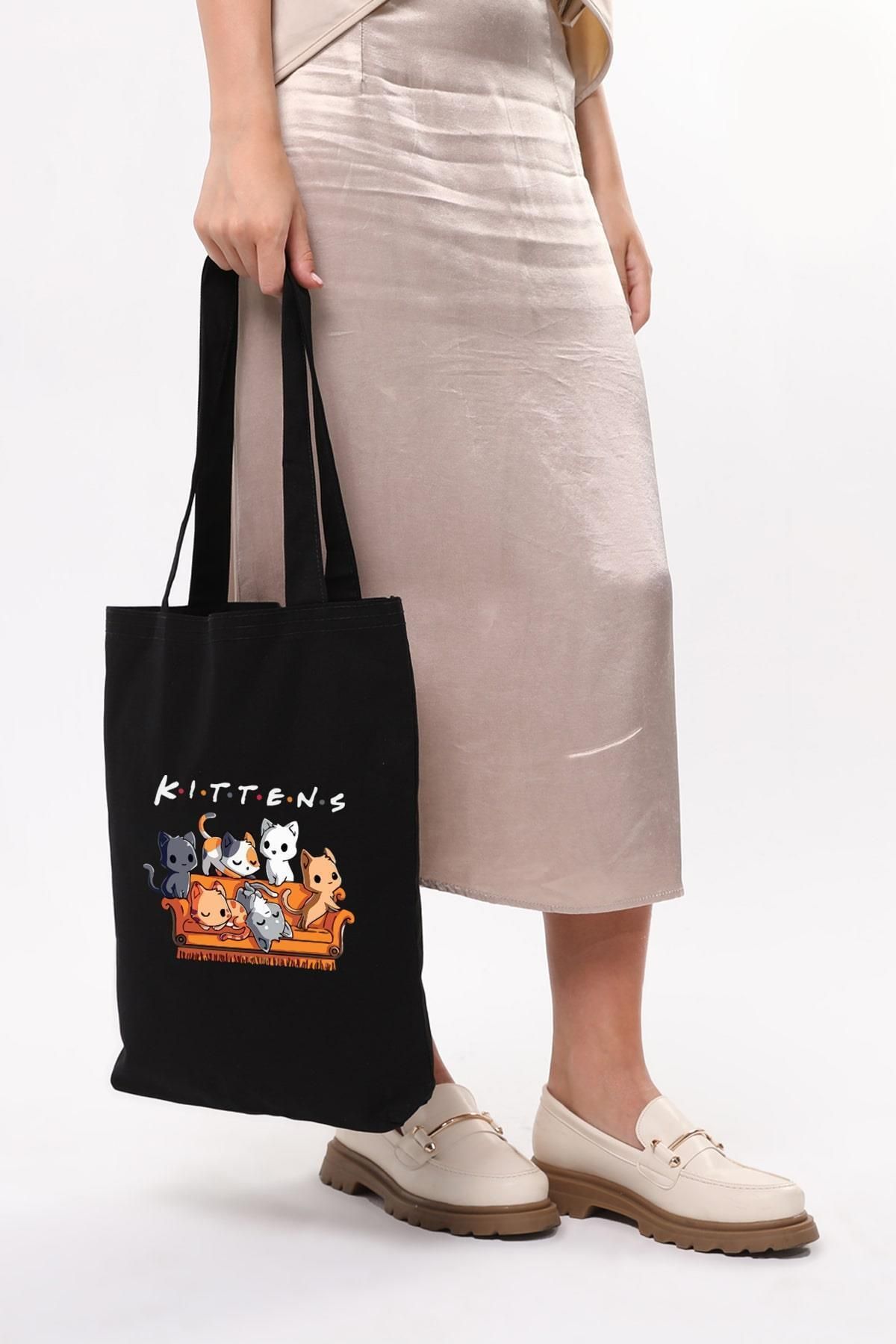 Çınar Bez Çanta-Kittens Printed Black Canvas Bag 5