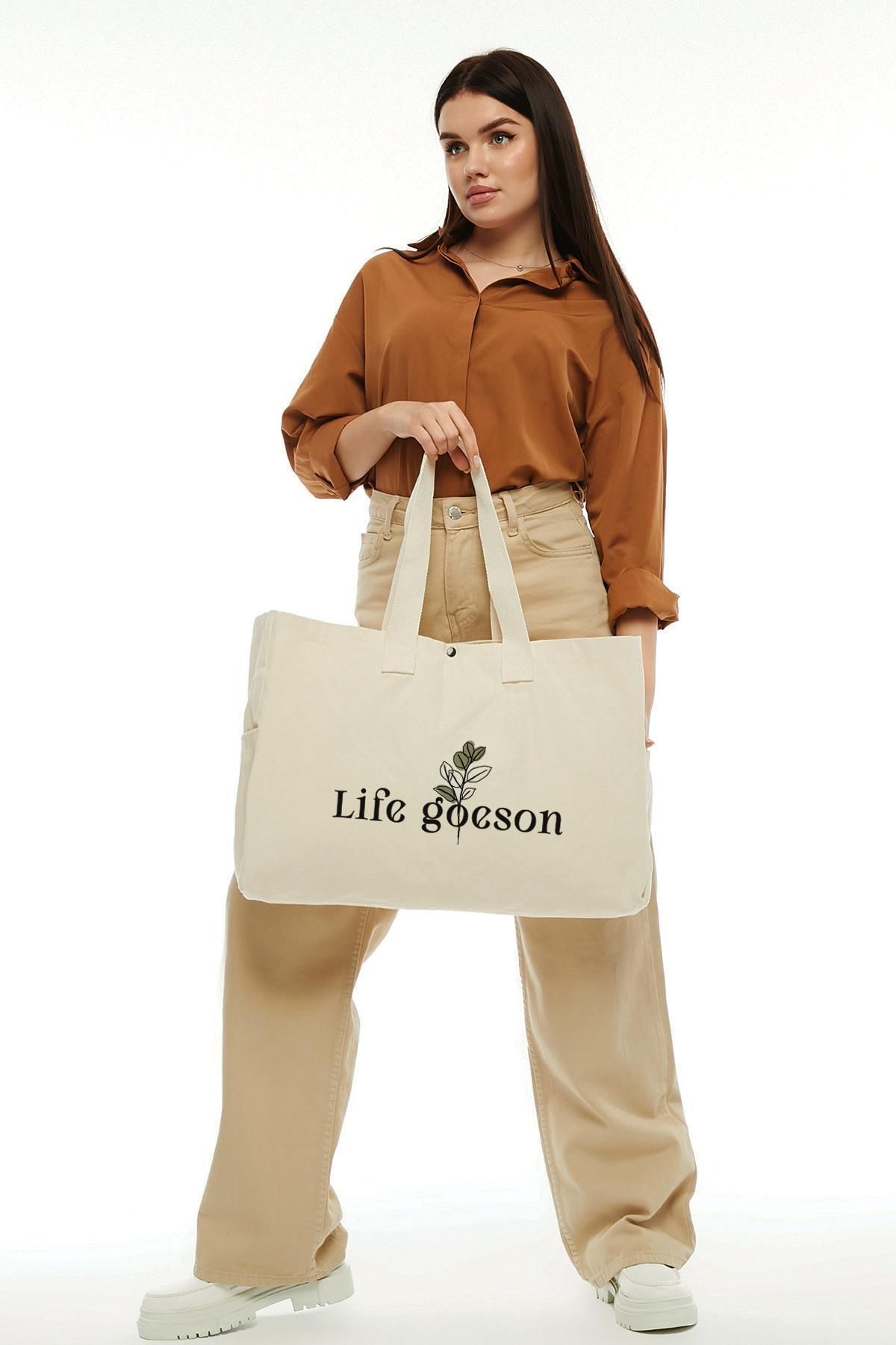 Çınar Bez Çanta-Life Goeson Printed Canvas Bag - Large Size 3