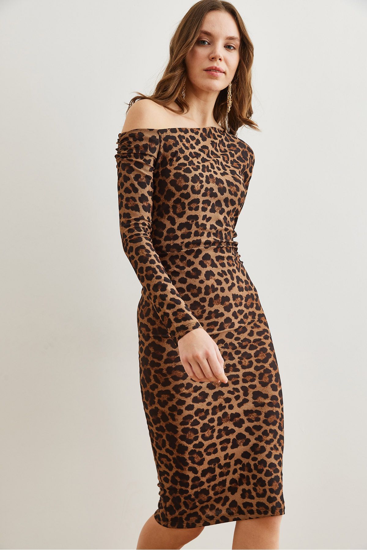 Kadın Kahve Leopar Kayık Yaka Örme Mini Elbise ELB-19002316