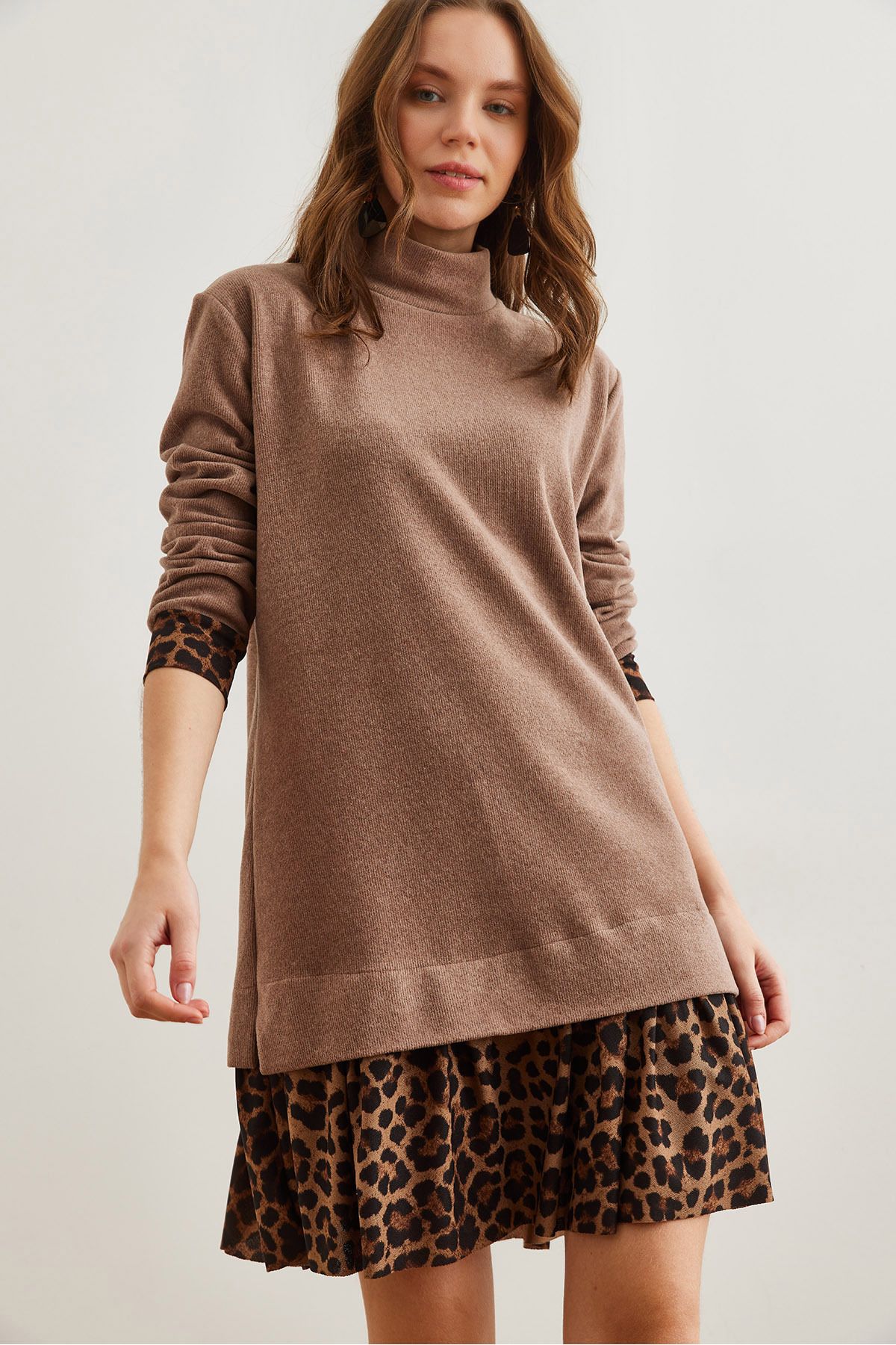 Kadın Camel Leopar Garnili Selanik Elbise ELB-19000965