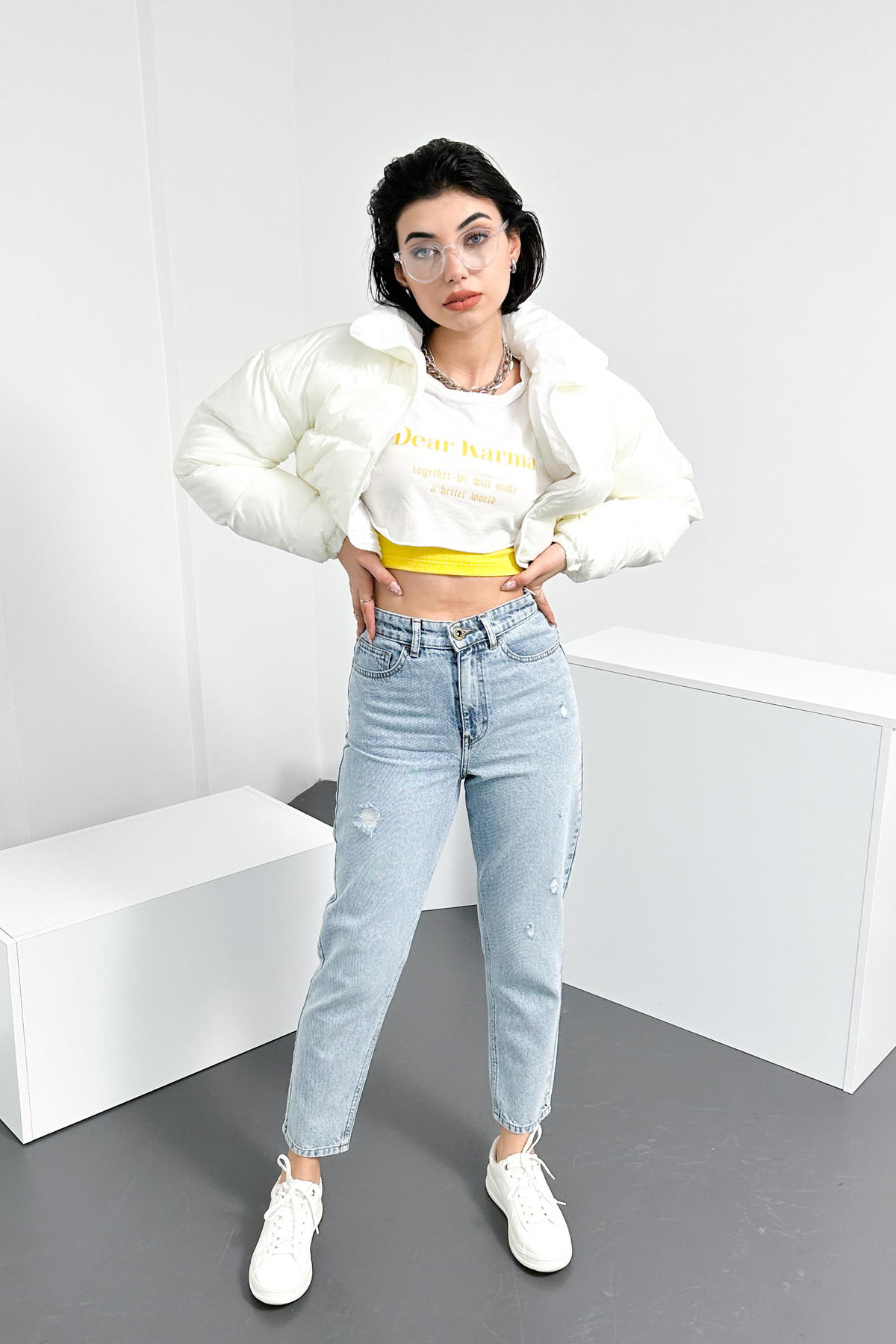 HLT JEANS  Yıpratmalı Mavi Kar Kadın Mom Jean Yüksek Bel Likrasız %100 Pamuk Kot Pantolon ANNA-2075 - Görsel 2