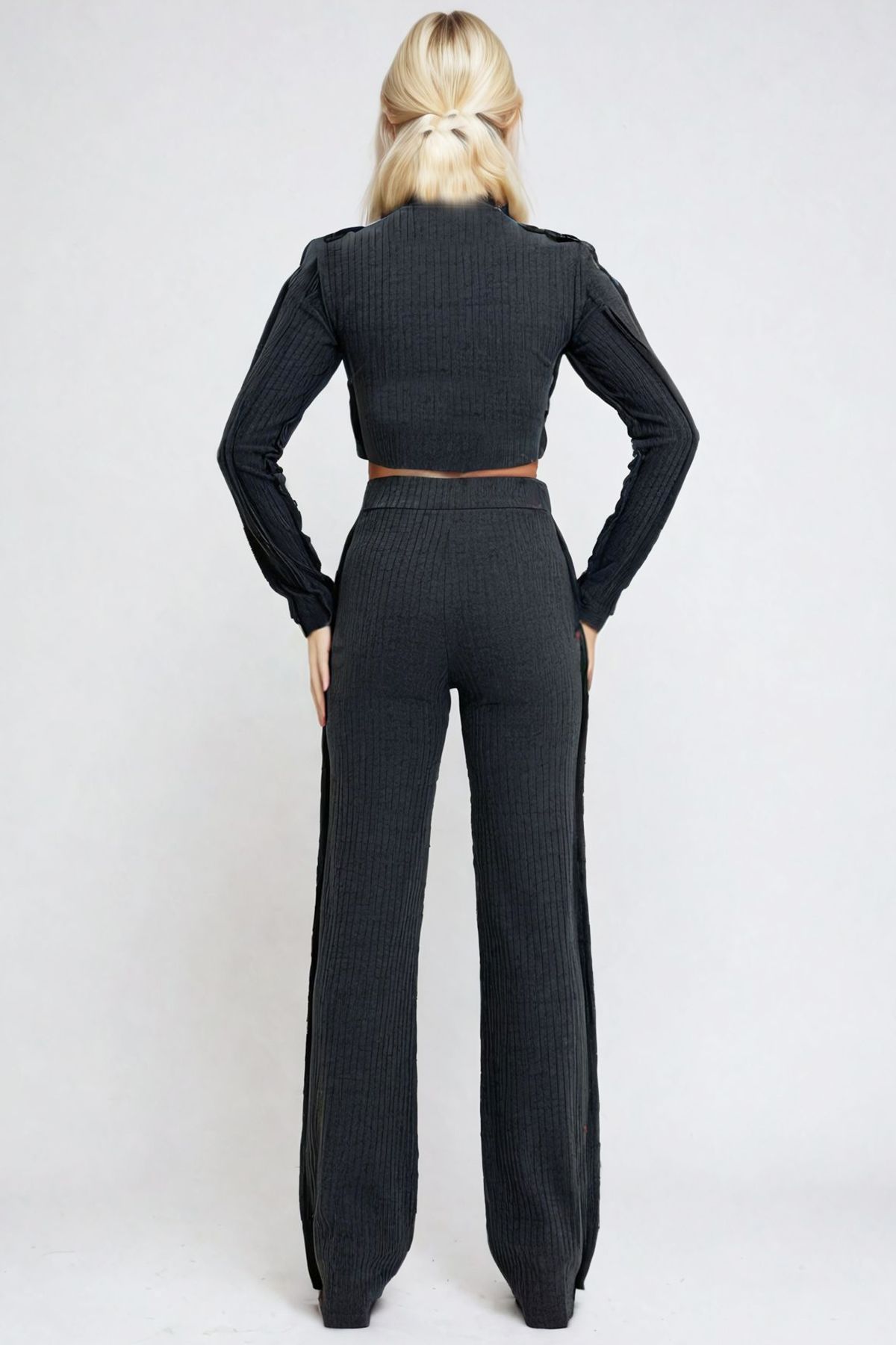 Trend Alaçatı Stili-Women's Anthracite Crew Neck Dirty Stitching Detailed Crop Blouse and Palazzo Pants Suit Alc-X13285 4