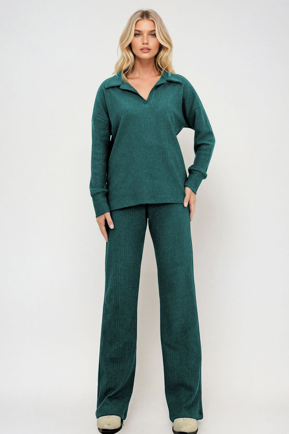 Trend Alaçatı Stili-Petrolblaues Damen-Top- und Palazzon-Hosen-Set mit Polokragen – ALC-796-001 2