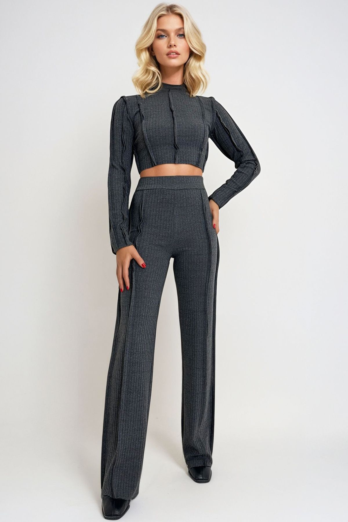 Trend Alaçatı Stili-Women's Anthracite Crew Neck Dirty Stitching Detailed Crop Blouse and Palazzo Pants Suit Alc-X13285 2