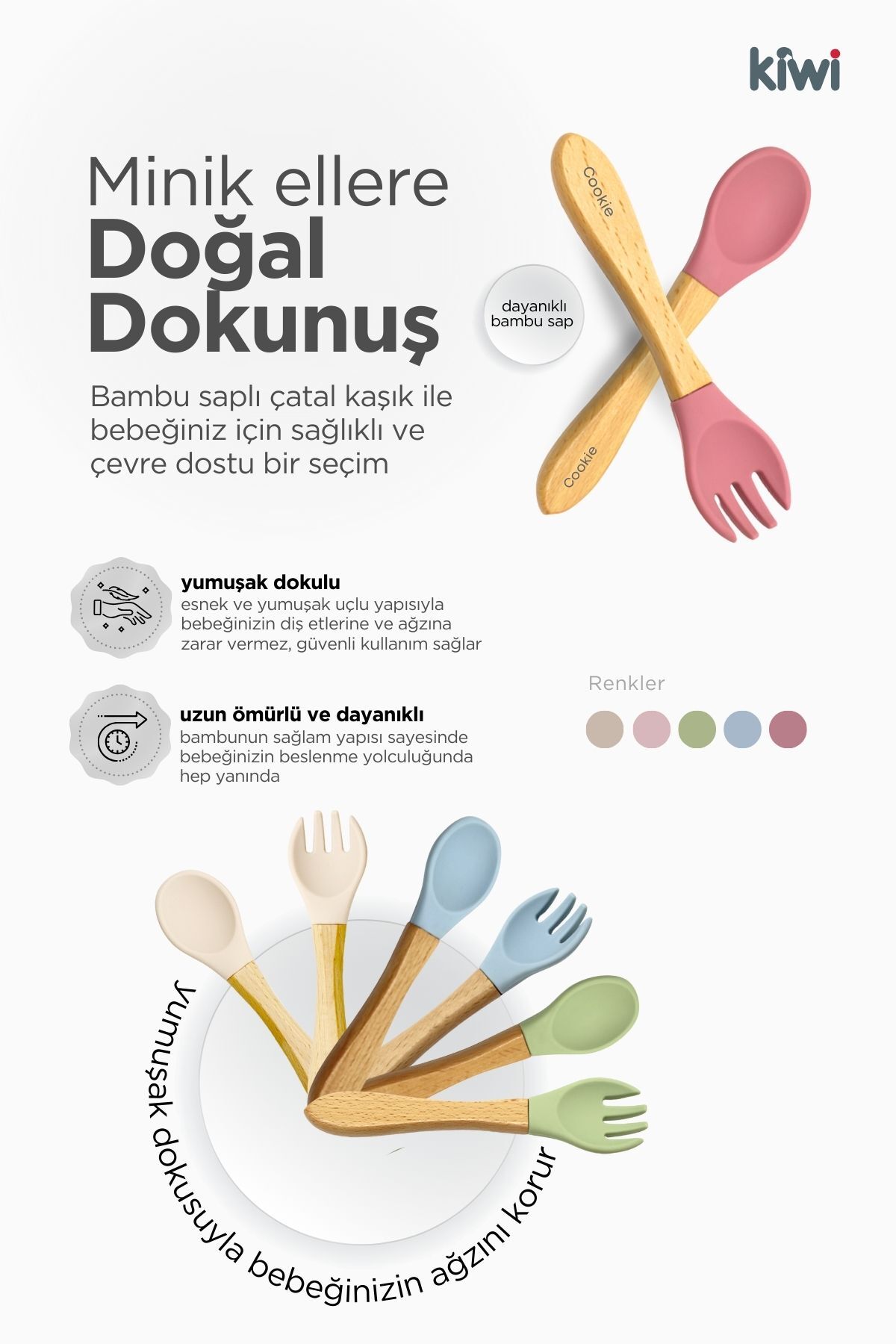 Kiwi 3 parça Kase Çatal Kaşık Beslenme Seti - Doğal Silikon BPA içermez- Olive fotoğrafı 3 (önizleme)