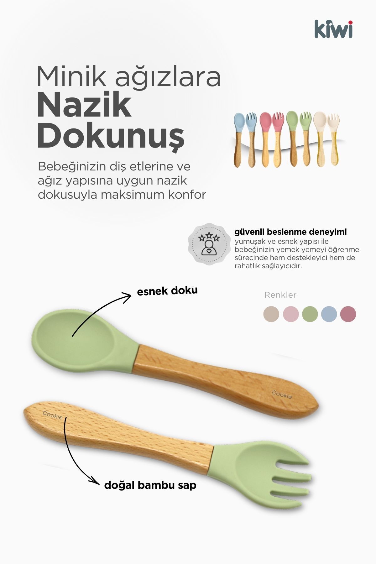 Kiwi 3 parça Kase Çatal Kaşık Beslenme Seti - Doğal Silikon BPA içermez- Olive fotoğrafı 4 (önizleme)