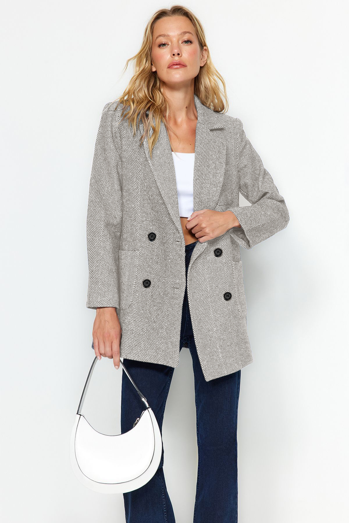 Trendyol Collection-Šedá bunda z tkaného saka – běžná podšívka TWOAW24BC00015 1