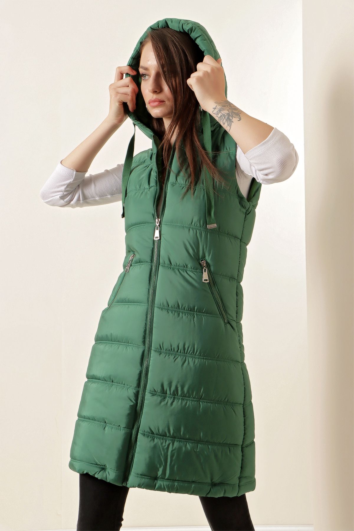 Bigdart-5140 Vestă lungă cu glugă - Verde smarald-- 5