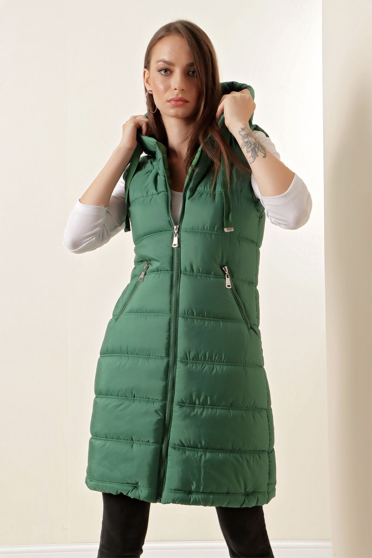 Bigdart-5140 Vestă lungă cu glugă - Verde smarald-- 4