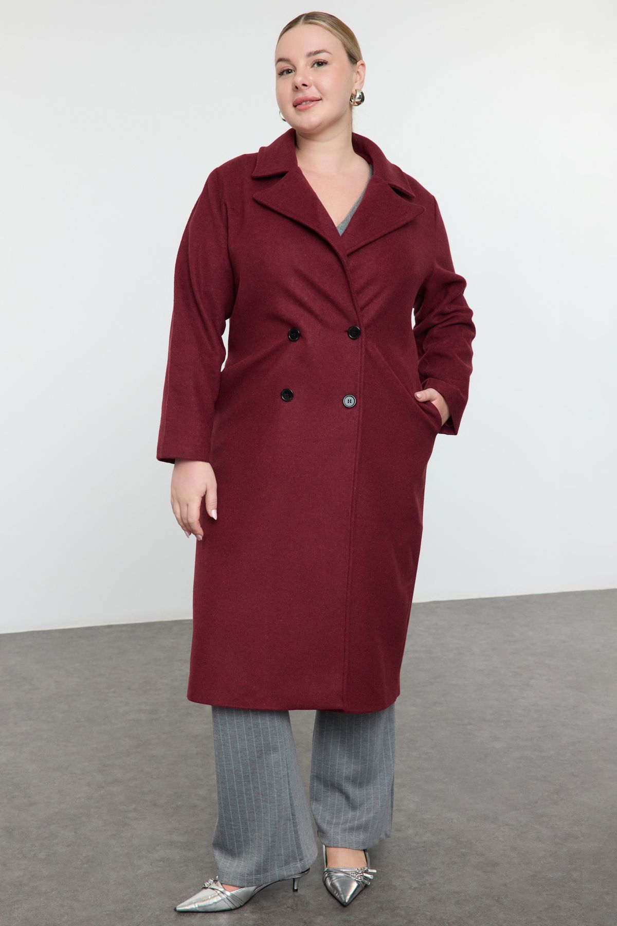 Trendyol Curve-Oversize Burgundy Cashew Coat - Double Breasted Closure, Wool Blend Tbbaw23Kb00002 3