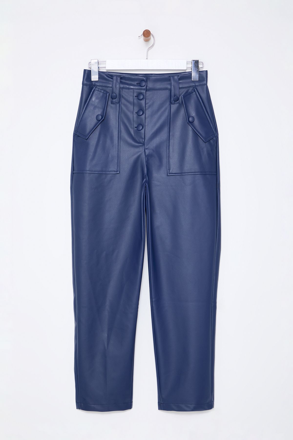 Trendyol Collection-Navy Blue Carrot Woven Front Buttoned Faux Leather Trousers Twoaw22Pl0083 6