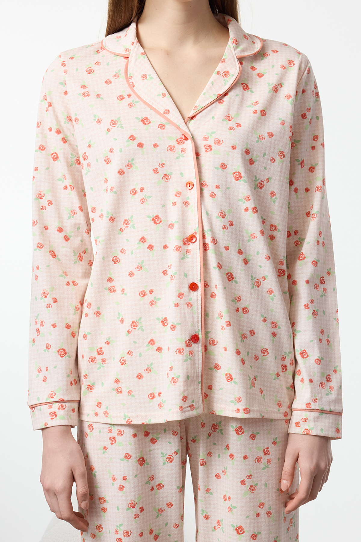 Trendyolmilla  Ekru %100 Pamuklu Çiçekli Biyeli Örme Pijama Takımı THMAW25PT00202 - Görsel 3