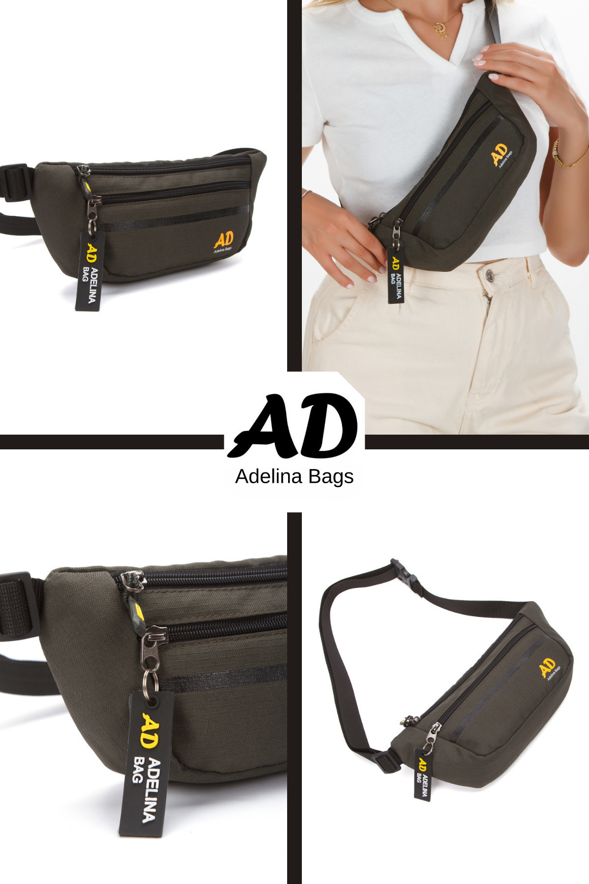 Adelina Bags  Unisex Çapraz Askılı Telefon Bölmeli Haki Bel Çantası Anahtarlık Detaylı - Görsel 5