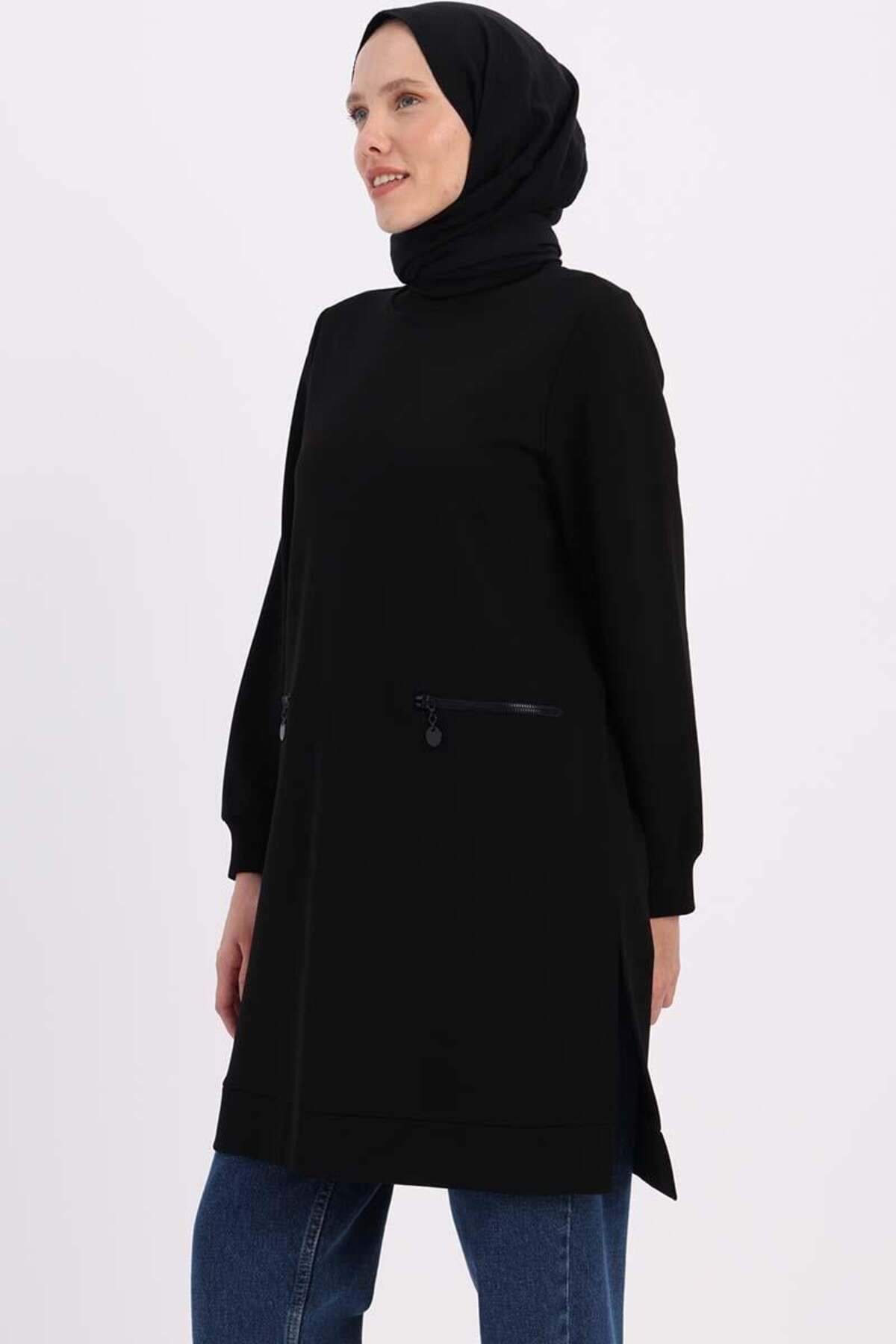 ALLDAY-Sweat Tunic with Zipper Pockets in Black 1