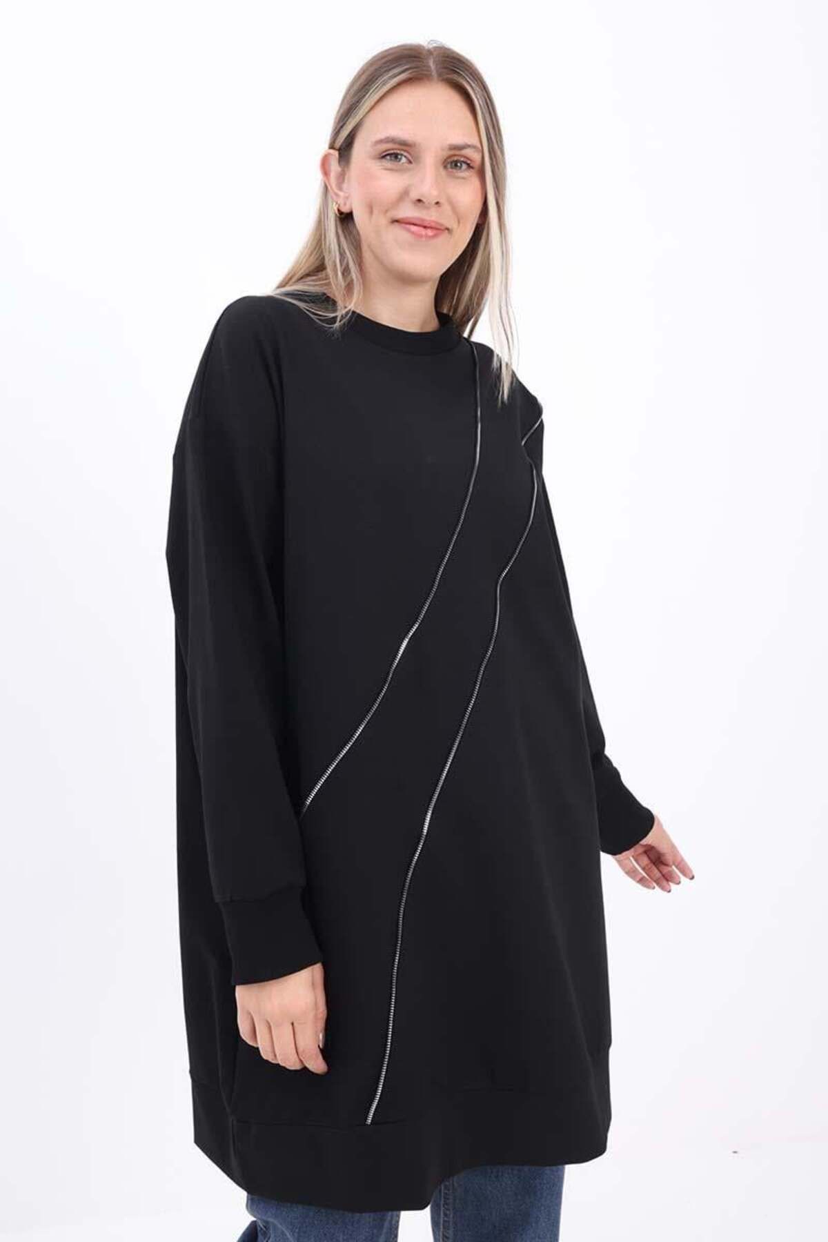 ALLDAY-Black-Ornamental Zippered Sweat Tunic 1