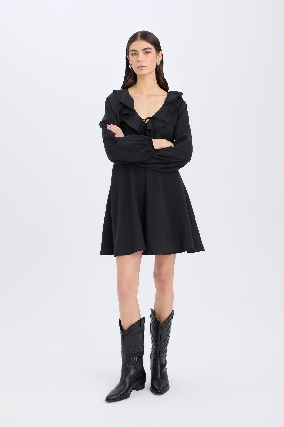 DeFacto-V Neck Modal Long Sleeve Mini Dress E4213Ax24Wn 3