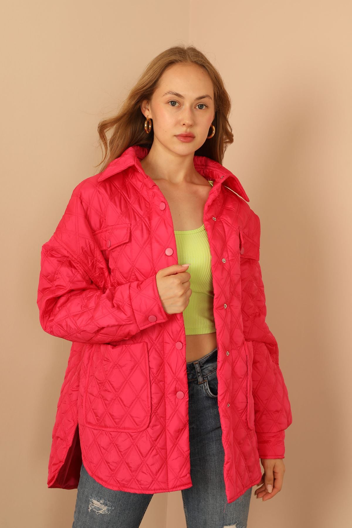 Aşkı Vaye-Quilted Fabric Double Sewing Pattern Women's Coat-Fuchsia 3