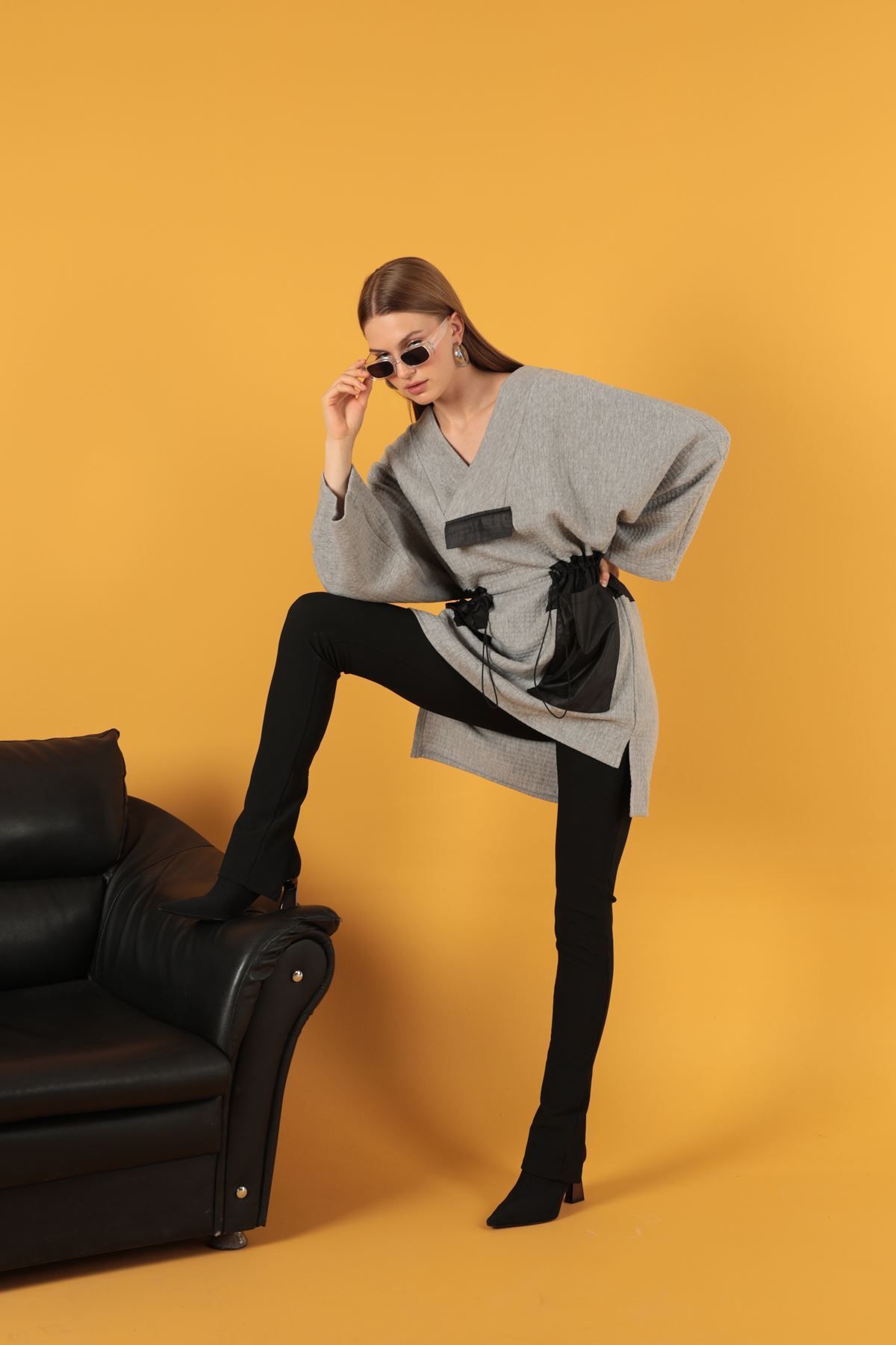 blueb Petek Kumaş Garnili Oversize Kadın Sweat-Gri