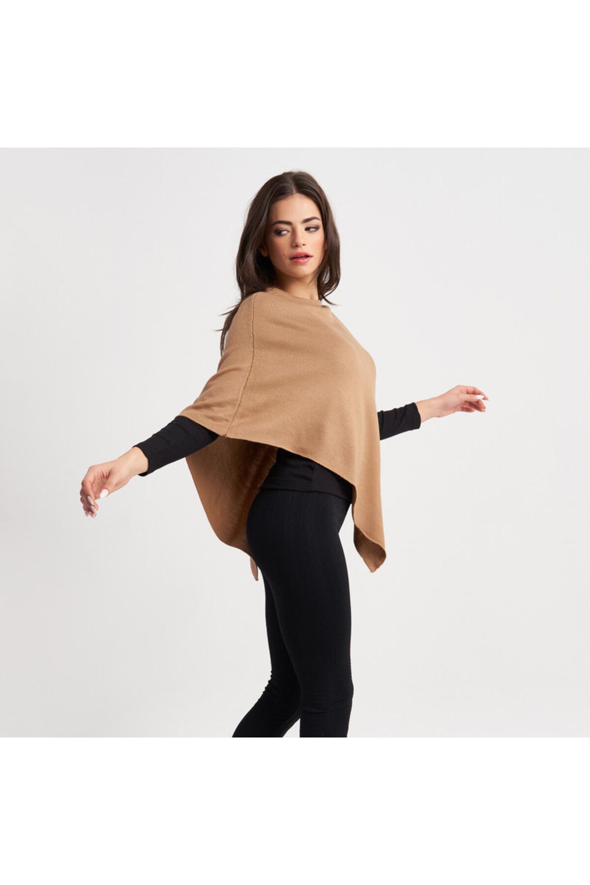 Hailys-Camel Knit Poncho for Women 2