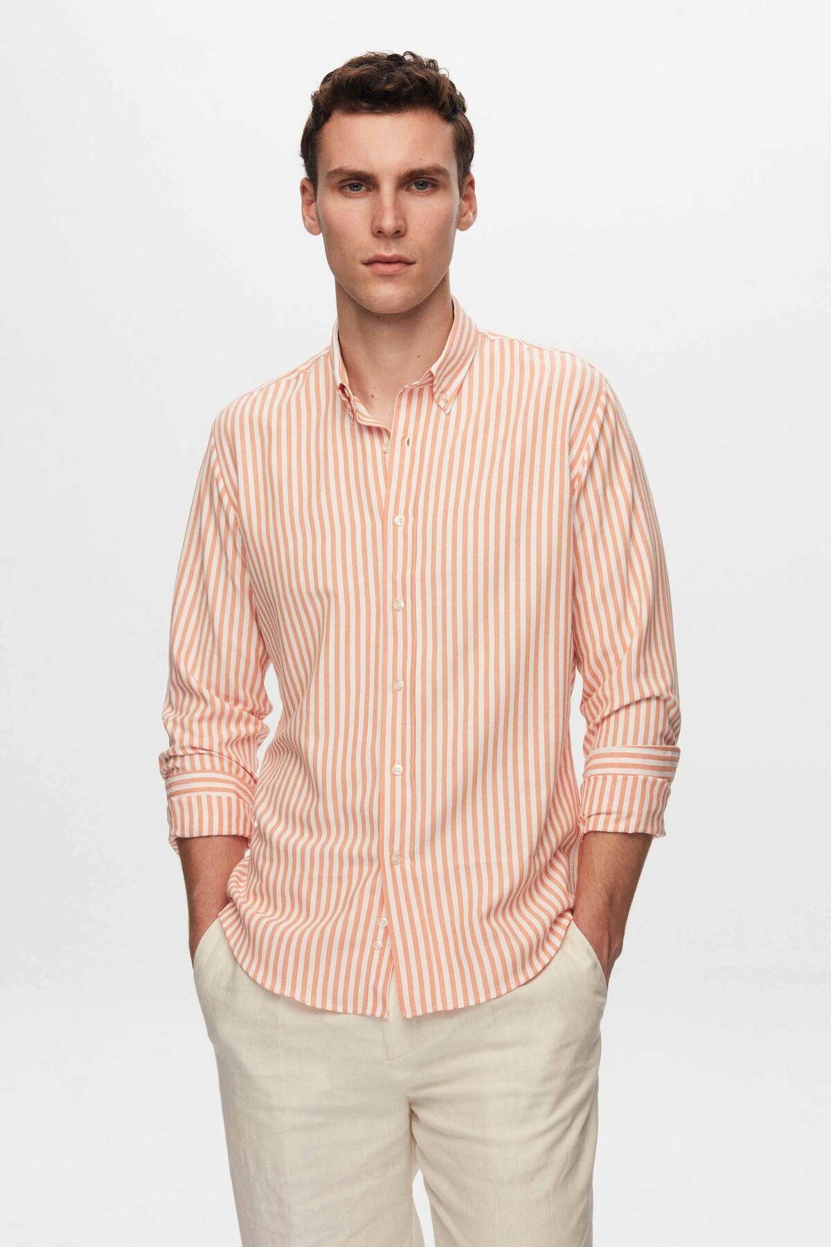 D'S Damat-Ds Damat Slim Fit Orange Striped Shirt 1