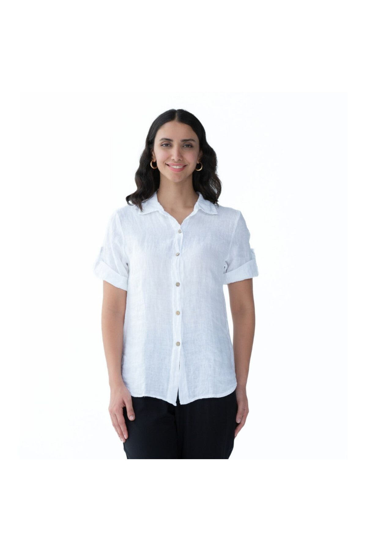 Zabaione-White Linen Shirt with Rolled Sleeves 1