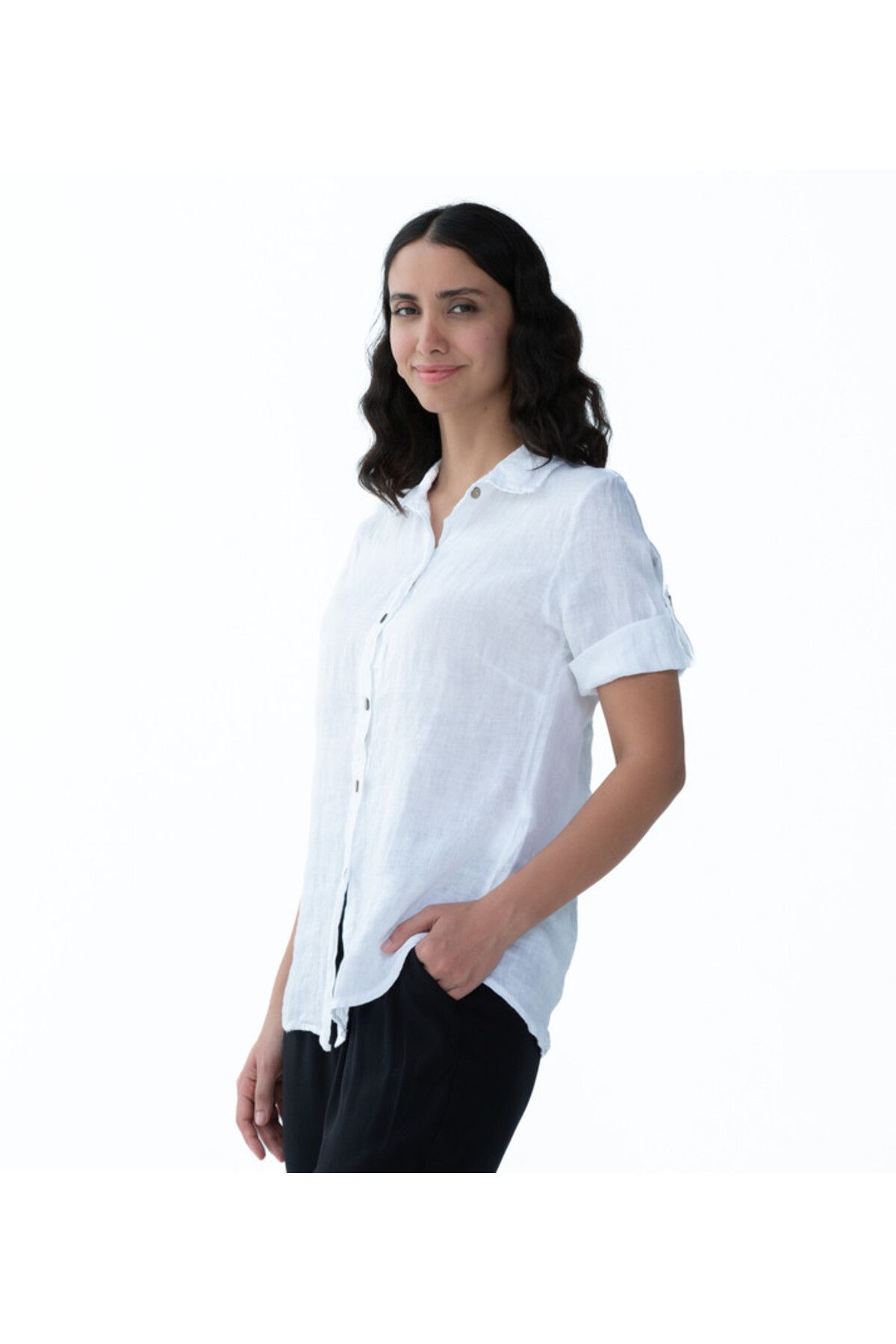 Zabaione-White Linen Shirt with Rolled Sleeves 2