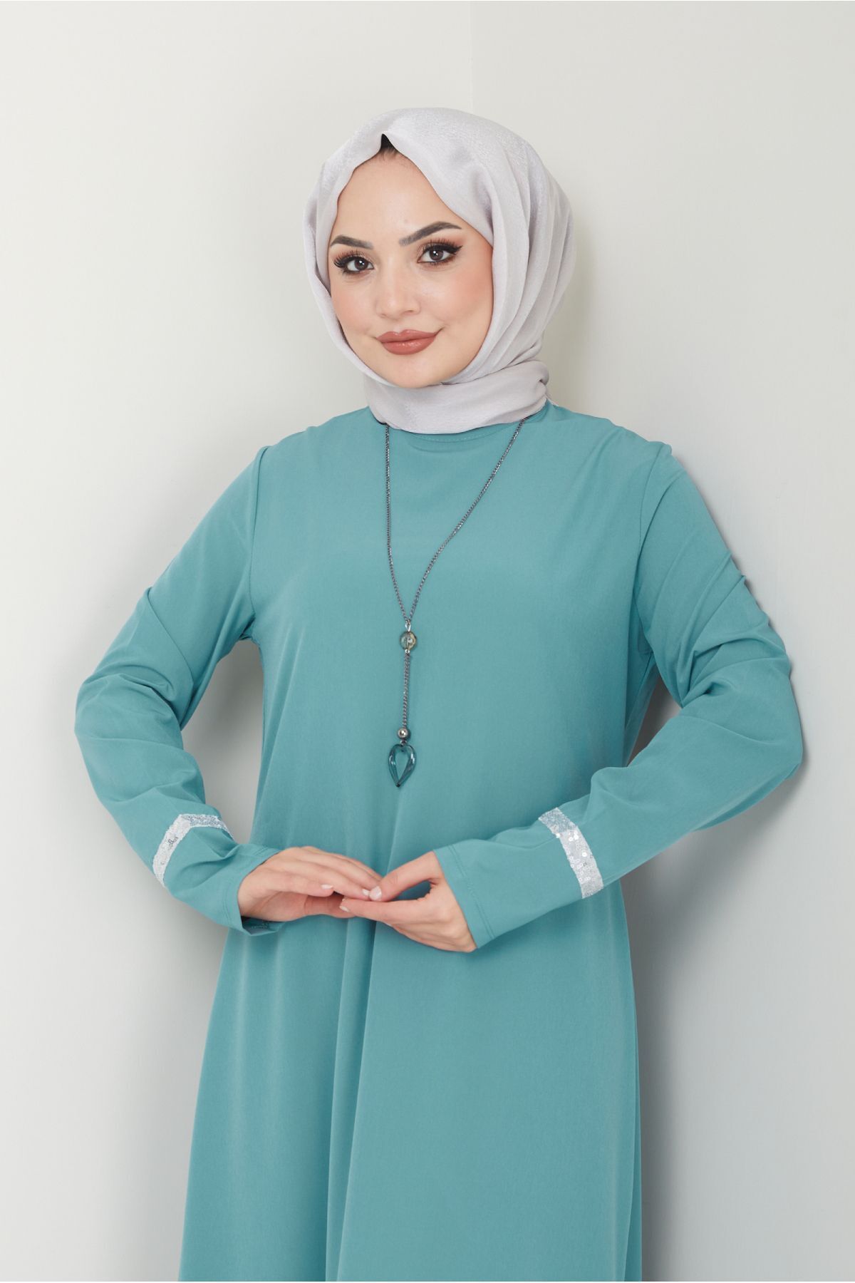 AYŞE MELEK TASARIM-Sequin Necklace Long Hijab Evening Dress - Women's Clothing 2682 2