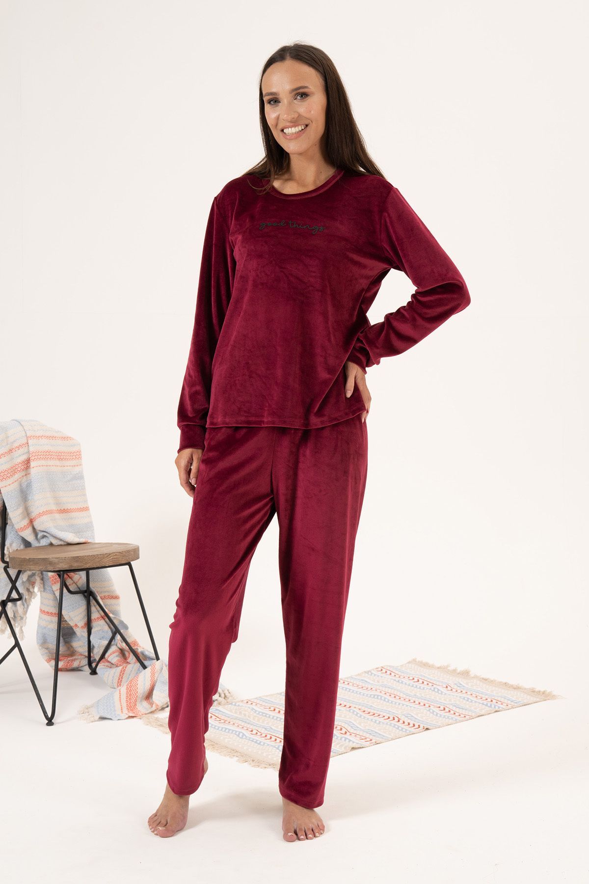 REMSA-Set pijamale de damă din catifea - 24381 Roșu Claret 4