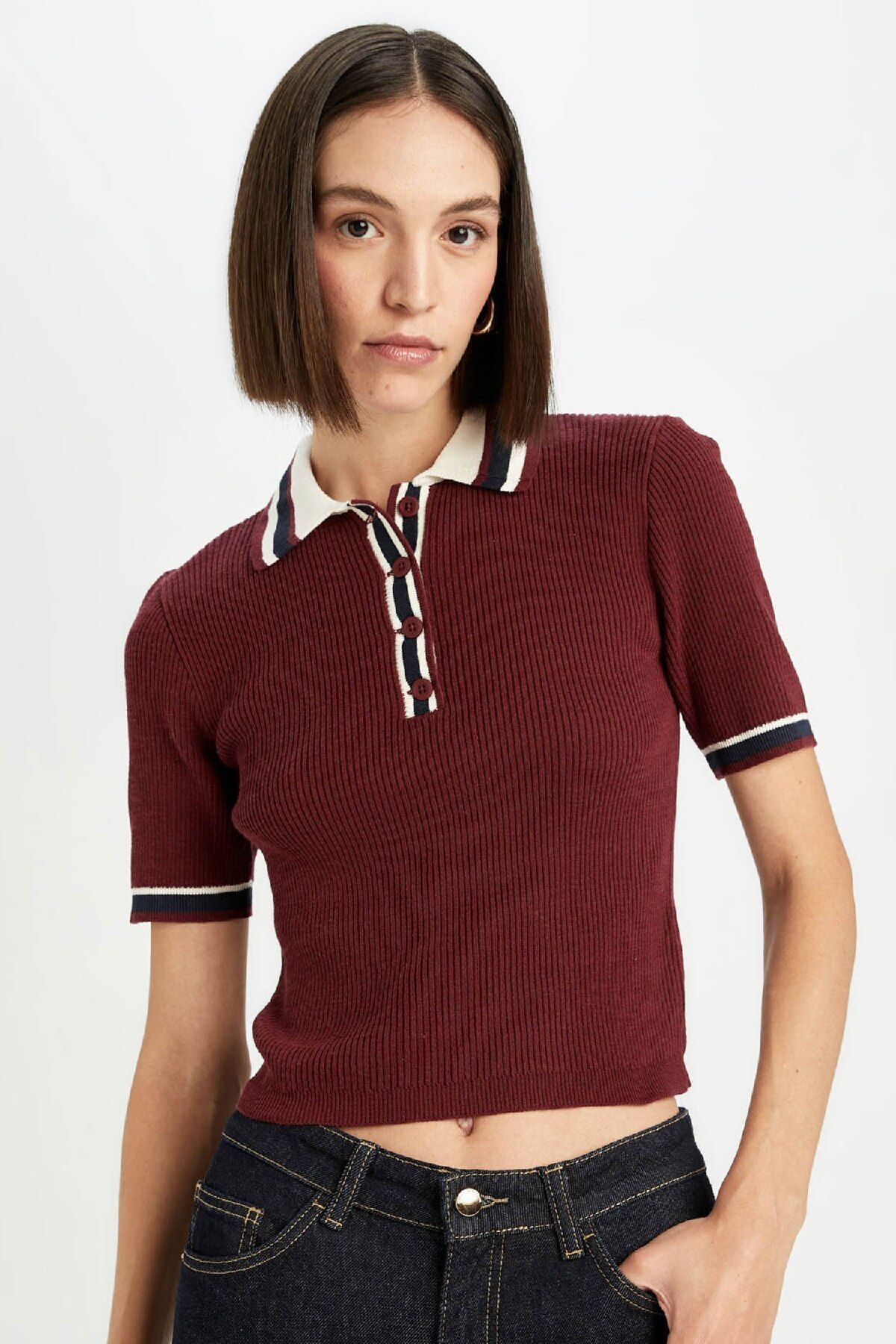 DeFacto-Burgundy Polo Neck Knitwear Sweater - Regular Fit, Short Sleeve Button D4233Ax24Au 1