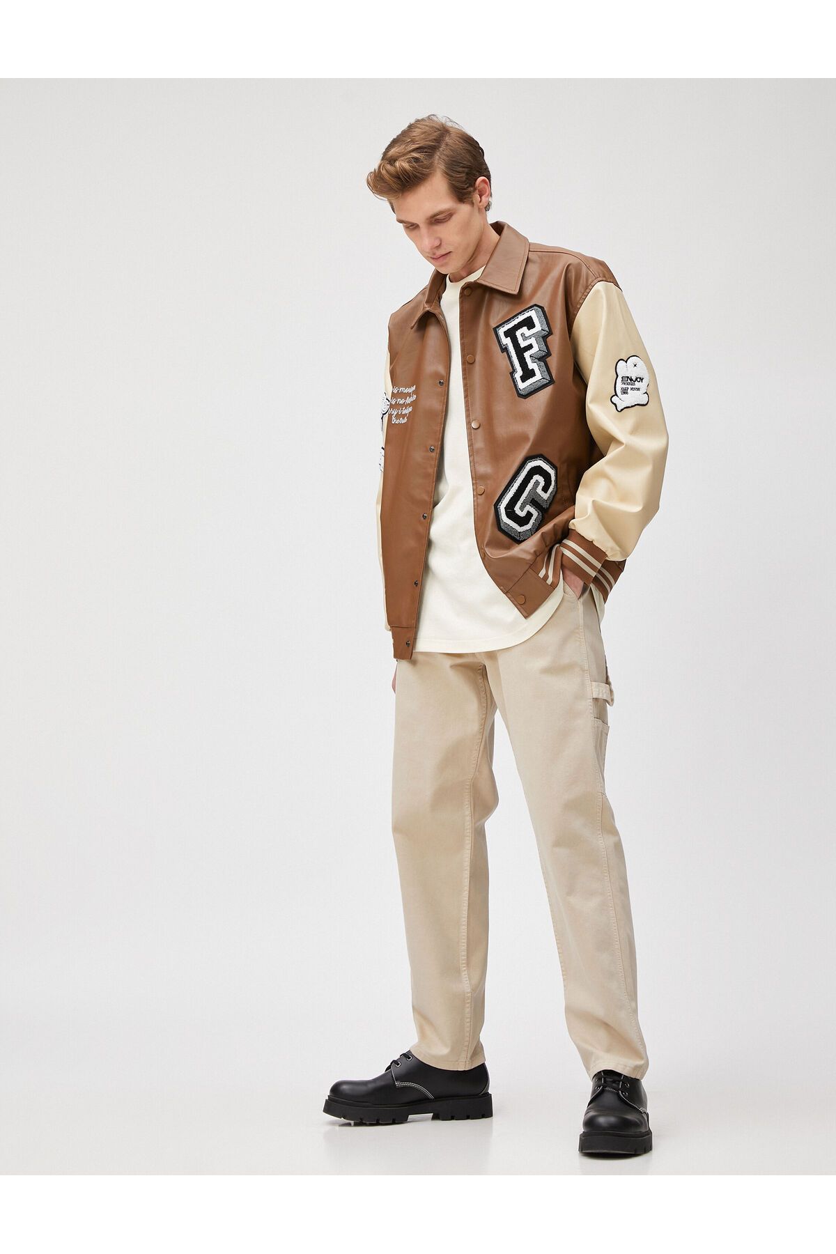Koton-College Jacket Leather Look Embroidered Snap Buttons Classic Collar 1