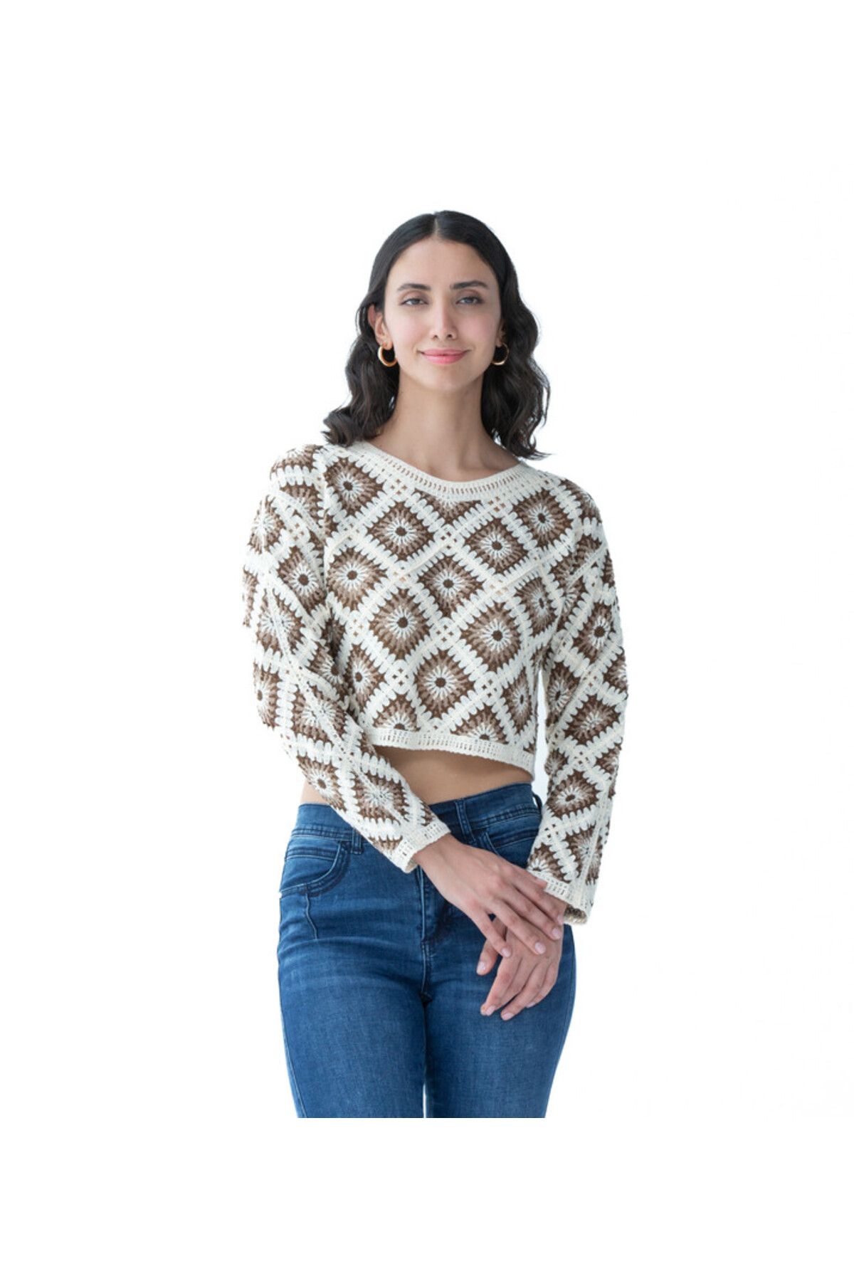 Hailys-Women's Crochet Knit Crop Top - Cream & Brown 5